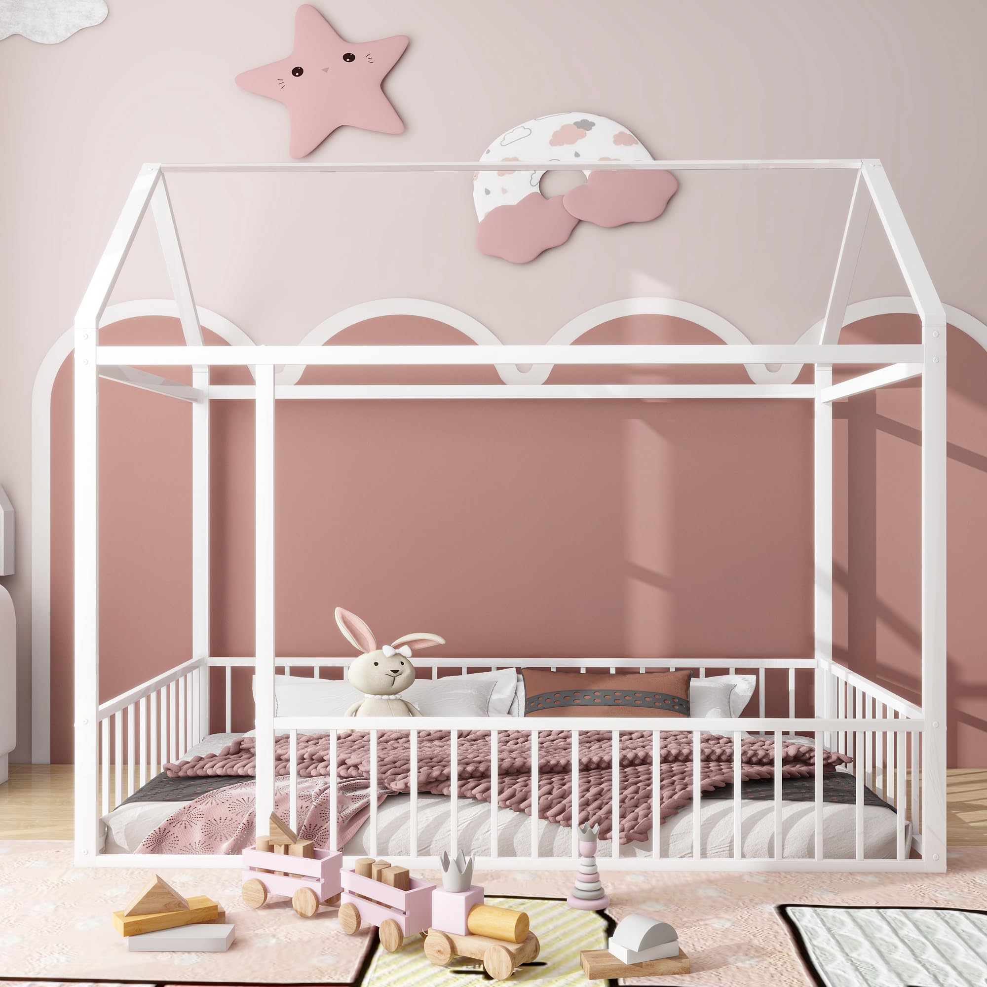Montessori Twin Size Floor Bed for Kids - White Metal House Bed Frame with Safety Fence | Playhouse Design for Toddlers & Children | Perfect for Bedrooms, Playrooms & Montessori Learning Spaces