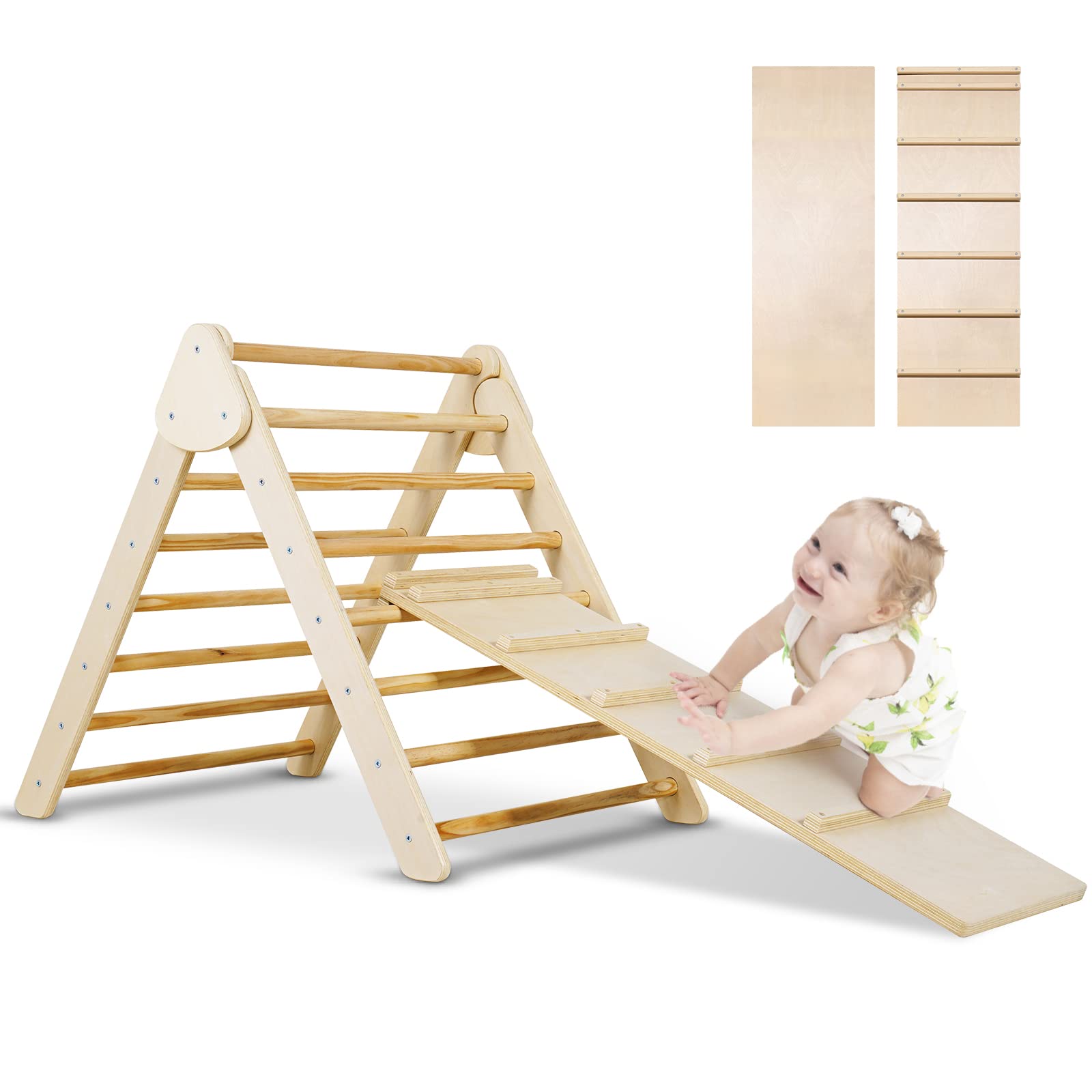 Montessori Pikler Triangle Climber Set with Wooden Ramp - Foldable Indoor Climbing Gym for Toddlers & Kids - Perfect for Home Playrooms, Daycares and Montessori Learning Environments (Medium Size, Natural Wood)