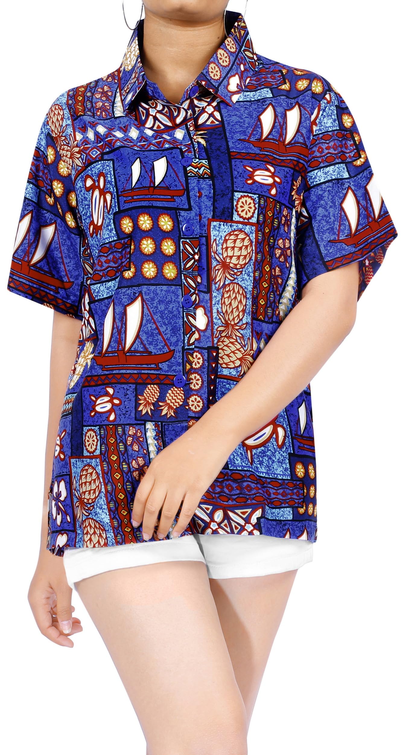 LA LEELA Women's Hawaiian Short Sleeve Blouse - Floral Beach Shirt for Summer Vacation, Luau Party & Tropical Getaway