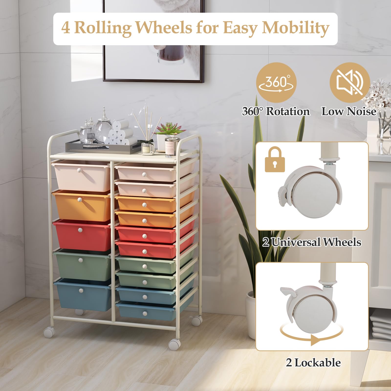 HAPPYGRILL 15-Drawer Rolling Storage Cart with Wheels - Mobile Organizer for Office, School, Craft Room & Home - Perfect for Office Supplies, Art Materials, Tools & Paper Organization