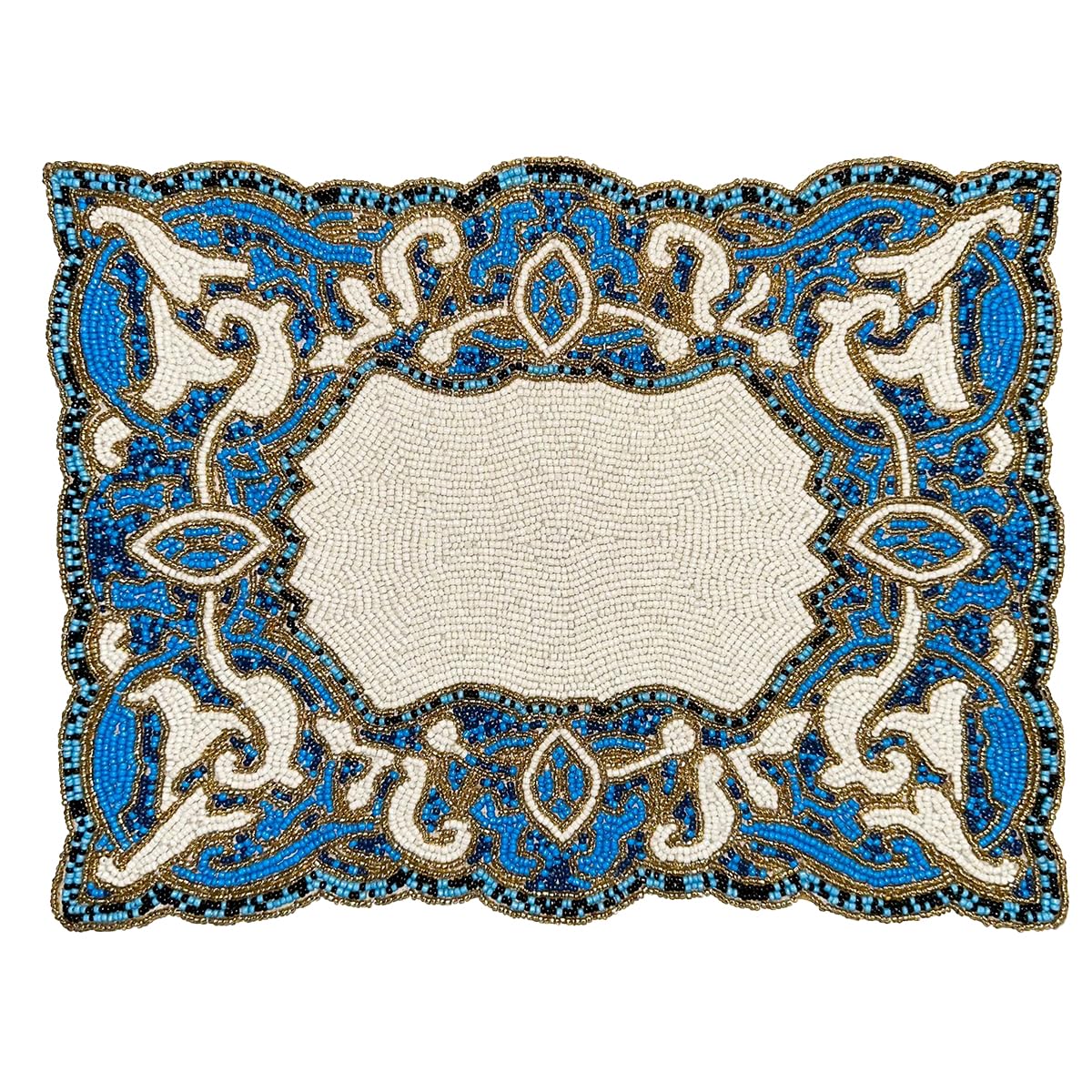 Decozen Beaded Placemats Set of 2 - 12x16 Inch Heat Resistant Charger Plates for Dining Table Decor - Elegant Blue & White Design for Wedding, Mother's Day, Kitchen, Office & Home Decor | Perfect for Holiday Dinners, Parties & Everyday Use