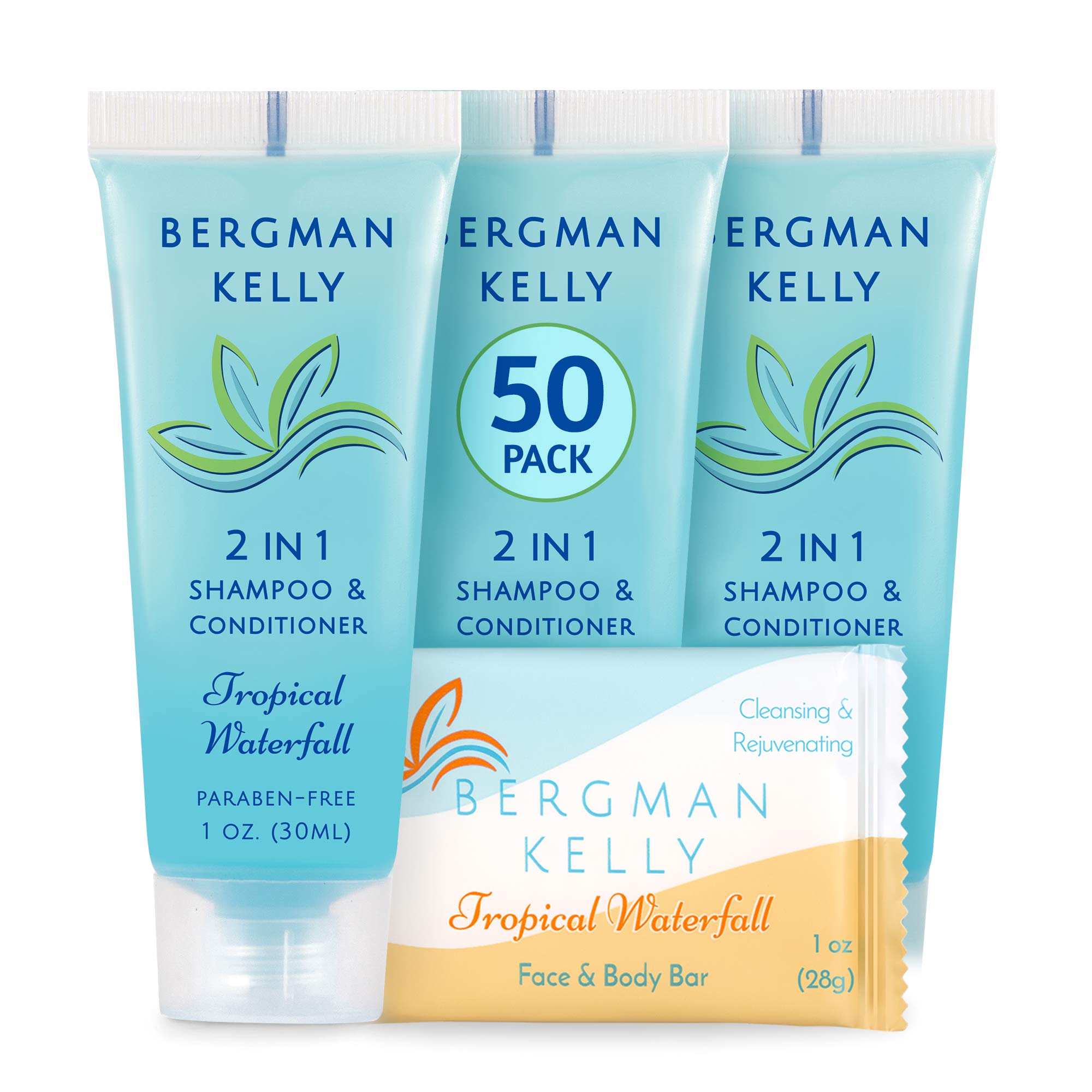 BERGMAN KELLY 2-in-1 Shampoo & Conditioner Soap Bars Set - Tropical Waterfall Scent (100 Pack, 1 oz Each) | Moisturizing Hotel Toiletries for Guests | Perfect for Travel, Hospitality & Luxury Amenities