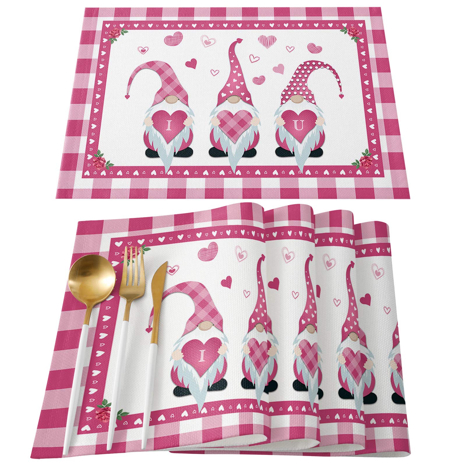 Valentine's Day Placemats Set of 4 - Pink Gnome Heart Design, Rose Pink Buffalo Check Plaid Table Mats for Dining Table - Non-Slip Home Decor for Wedding, Party & Romantic Dinners
