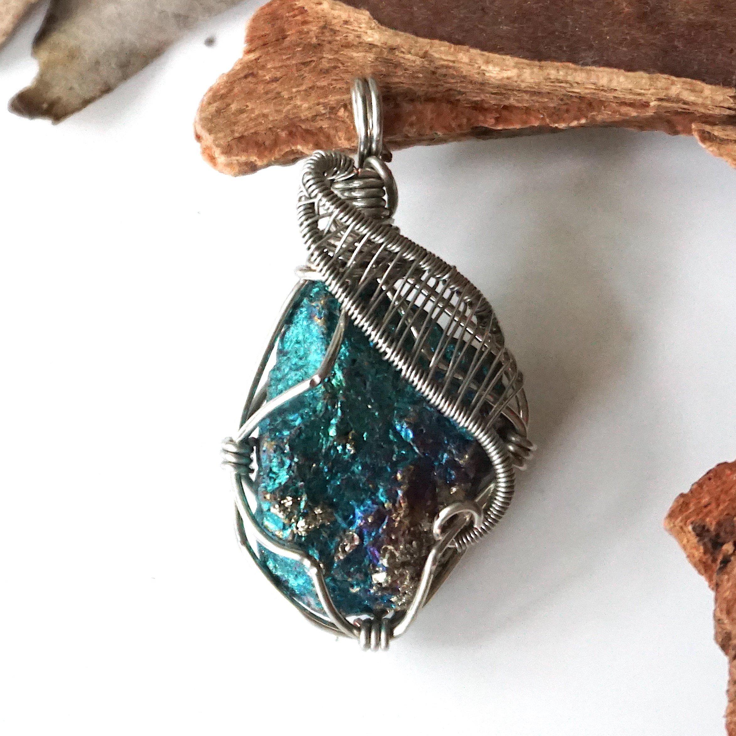 Raw Peacock Ore (Bornite) Pendant Necklace - 14K White Gold Plated Crystal Jewelry for Women - Perfect for Boho Fashion, Spiritual Healing & Gift Giving