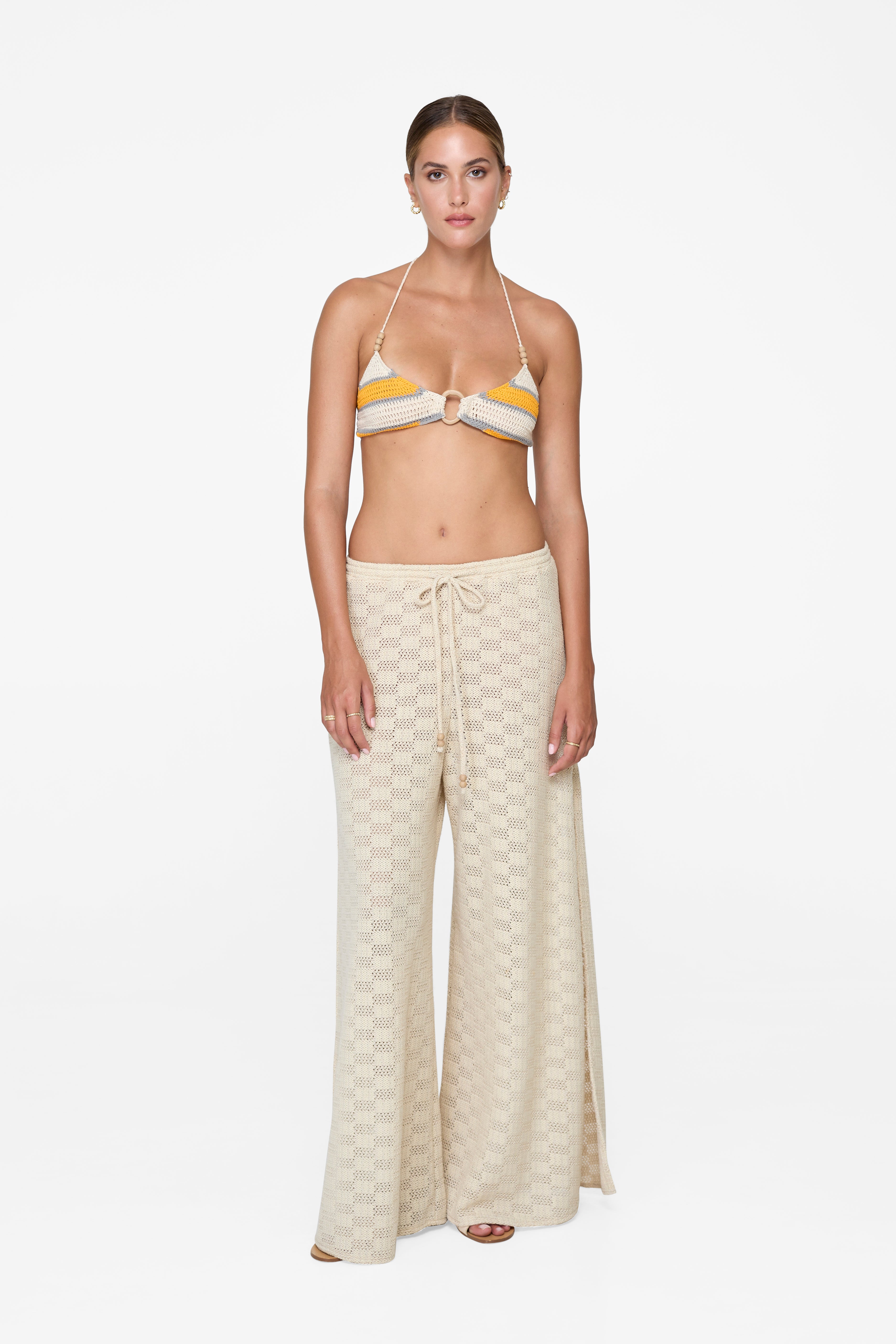 Naomi Pants Women's Cream Crochet Lace High Waisted Wide Leg Pants - Boho Chic Summer Beachwear for Vacation & Casual Outings