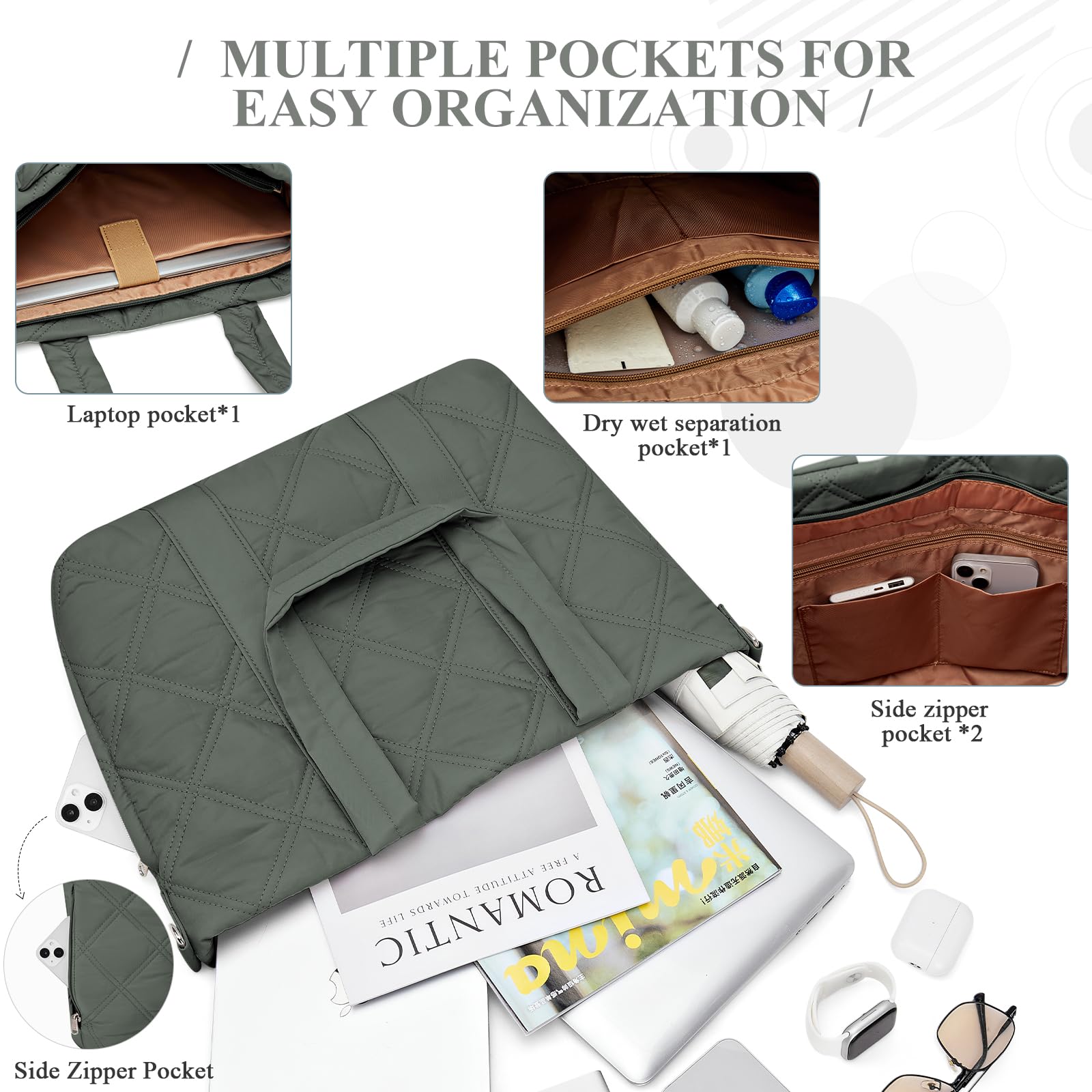 Stylish Laptop Tote Bag for Women - 15.6 Inch Quilted Shoulder Bag with Padded Laptop Compartment - Perfect for Work, Travel, Gym & Daily Commute