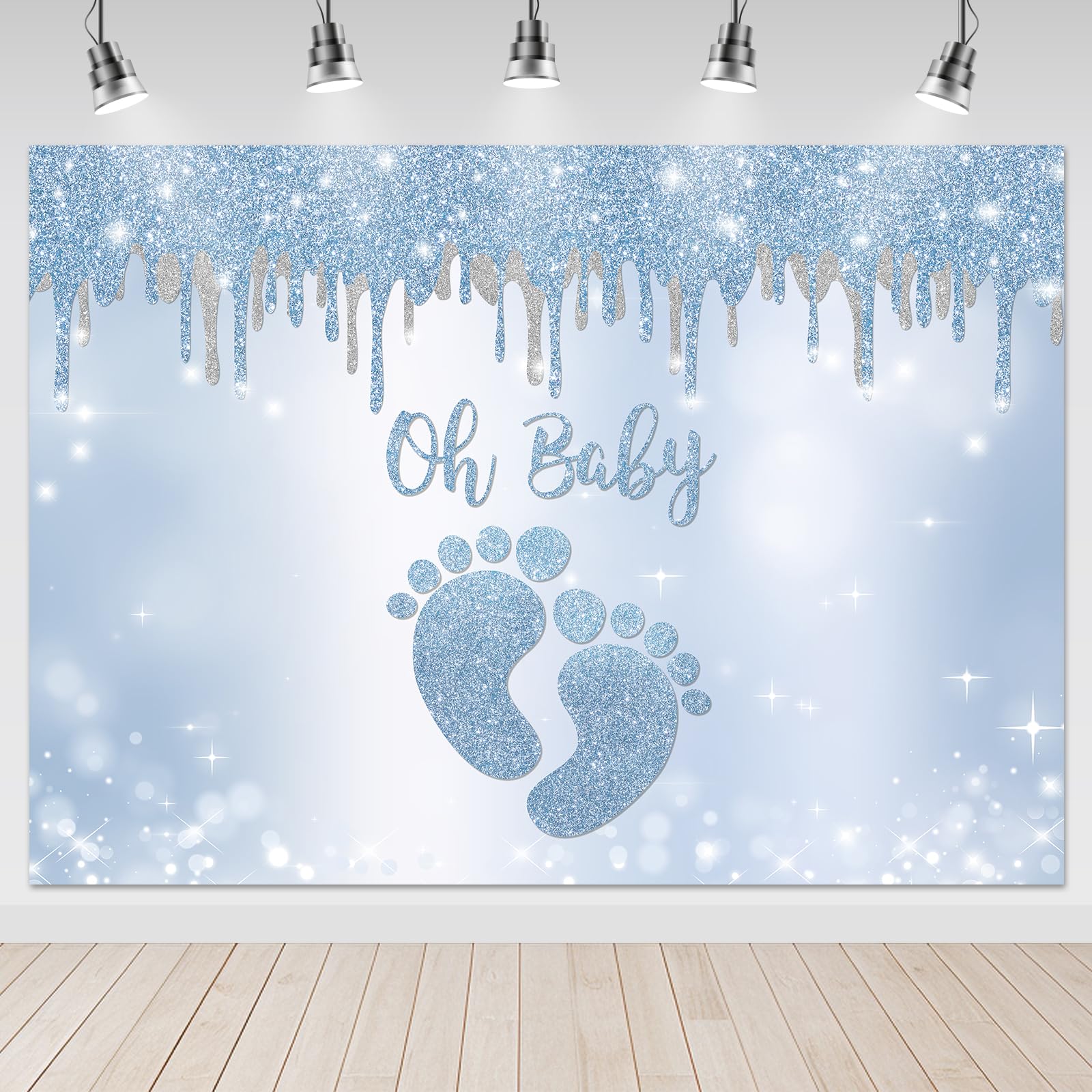 Blue Silver Baby Shower Backdrop with Little Feet Design - 7x5ft Photo Booth Background for Boy's Footprint Themed Party Decorations | Perfect for Baby Showers, Gender Reveals & Nursery Photography