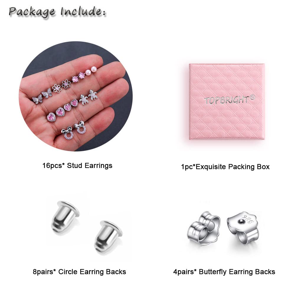 TOPBRIGHT 8 Pairs Hypoallergenic 925 Sterling Silver Earrings - Heart & CZ Tiny Butterfly Stud Earrings for Kids, Toddlers, Girls, Teens & Women | Perfect for Sensitive Ears, Everyday Wear & Special Occasions