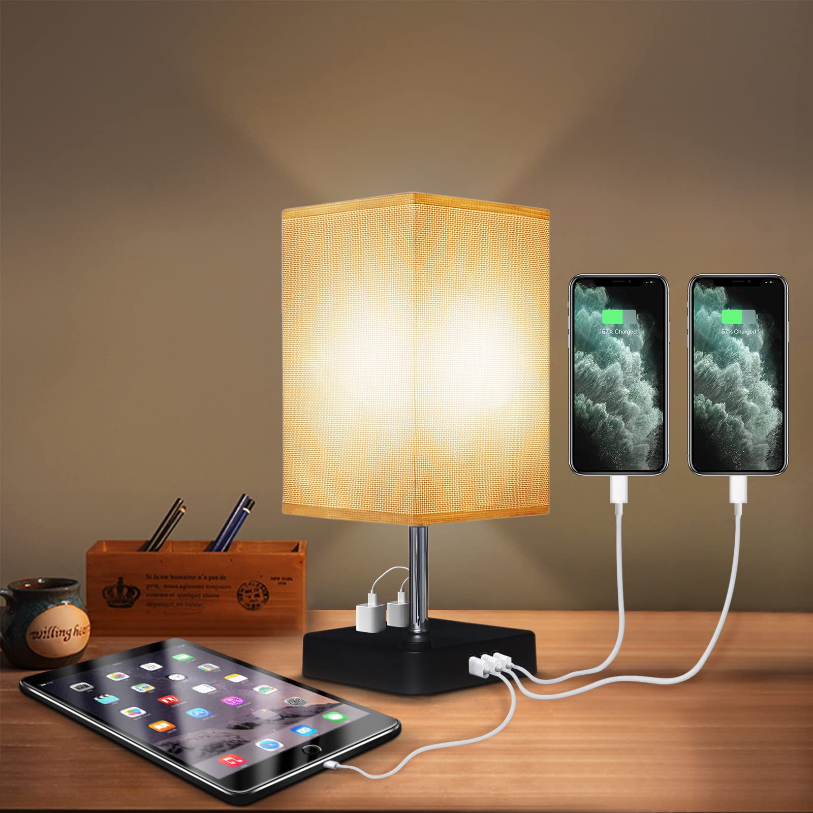 SILJOY Modern USB Bedside Table Lamp with 3 Charging Ports & 2 AC Outlets - Minimalist Nightstand Desk Lamp with Button Switch & Fabric Linen Shade for Bedroom, Living Room | Perfect for Reading, Working & Charging Devices
