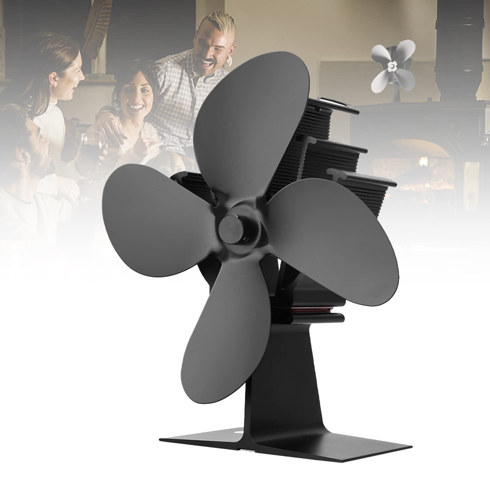 DYK&NX 4-Blade Silent Heat Powered Stove Fan - Large Airflow Wood Burner Fan for Fireplace, Log Burner & Stove - Eco-Friendly Heating Accessory for Home, Cabin & Camping Use