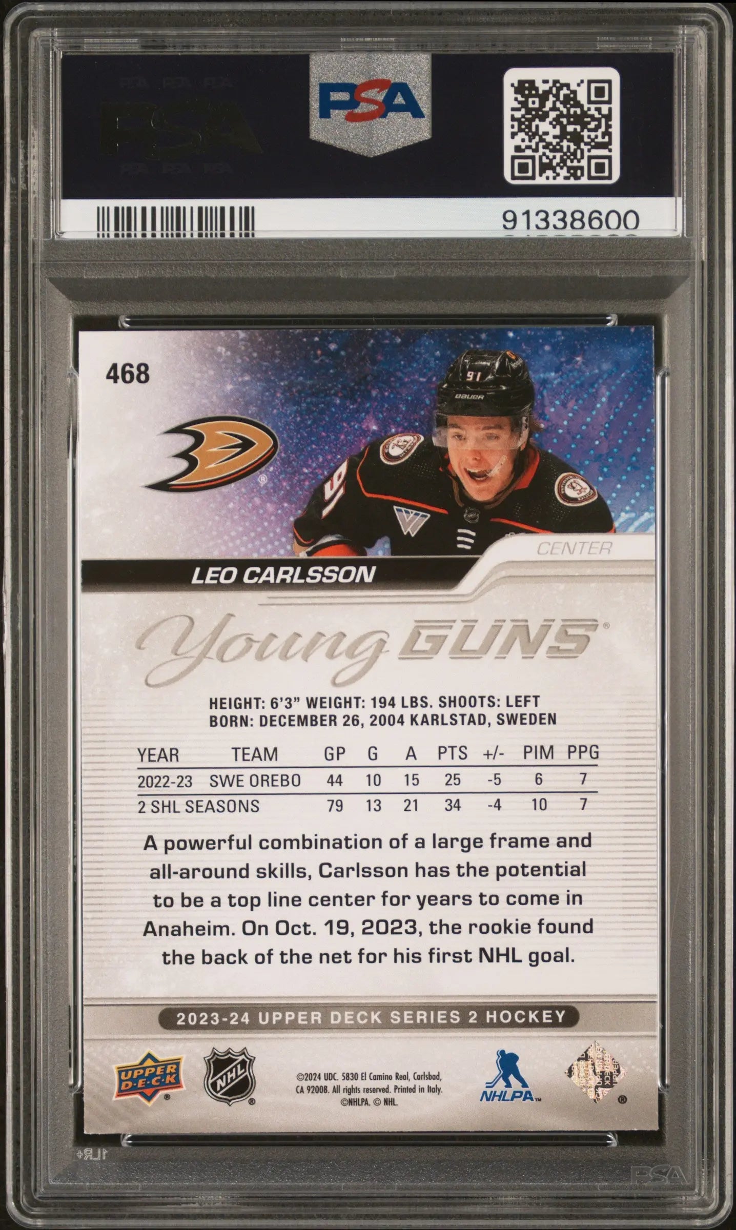 2023-24 Upper Deck Series 2 Hockey Leo Carlsson Young Guns Rookie Card PSA 9 Mint - Perfect for Collectors, Investors & Hockey Fans