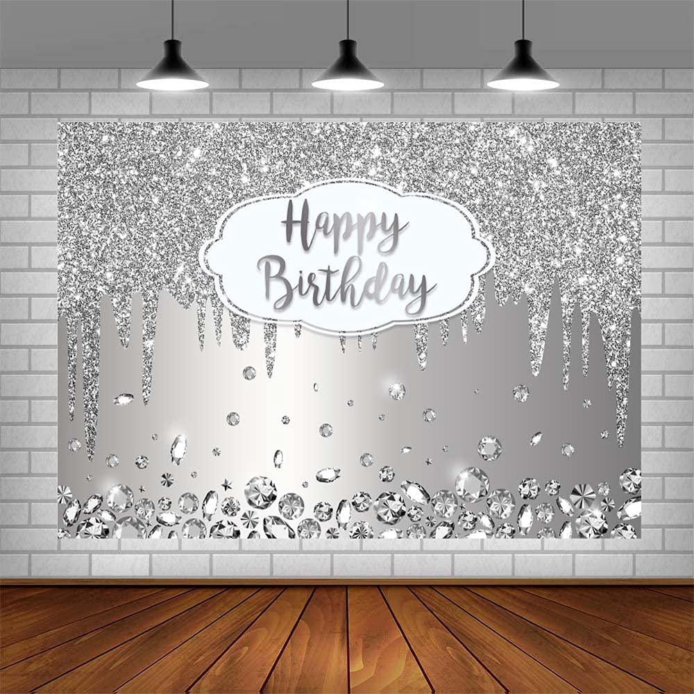 8x6ft Happy Birthday Backdrop - Dripping Glitter Crystal Diamond Silver Photo Background for Girls & Women | Bday Party Decorations, Cake Table Banner, Wall Decor Props | Perfect for Birthday Parties, Baby Showers & Photo Booths