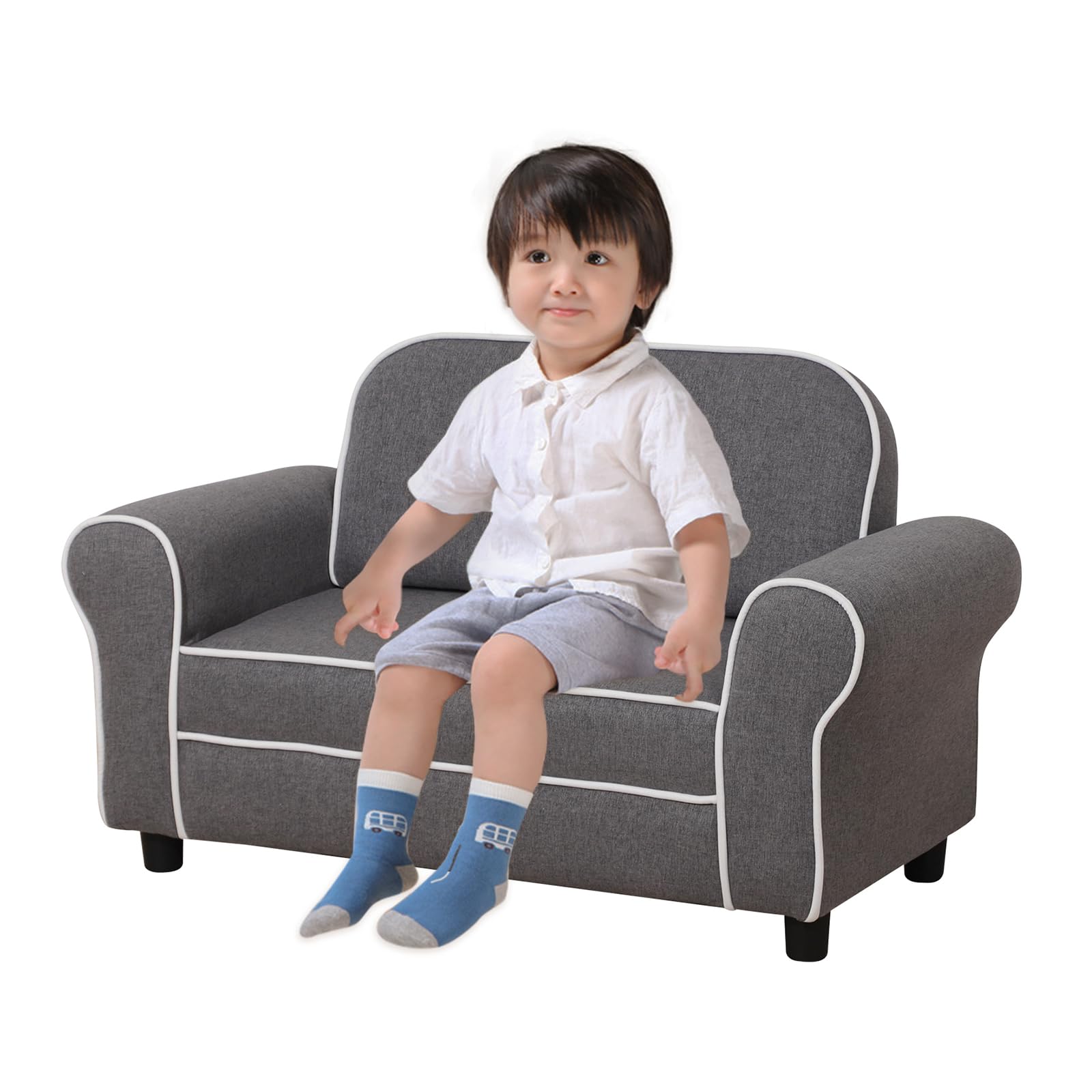 Kids Sofa Chair for Toddlers & Big Children - 2-Seater Linen Fabric Upholstered Couch, Double Child Sofa with Sturdy Frame - Perfect for Playroom, Nursery or as Birthday Gift (Grey)