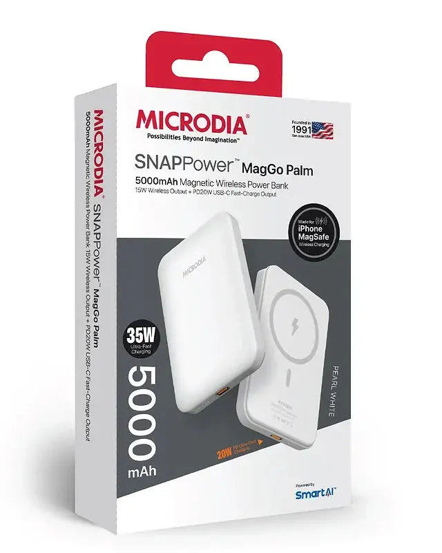 MICRODIA SNAPPower™ MagGo Palm - 5000mAh/10000mAh Magnetic Wireless Power Bank with 15W Fast Wireless Charging & 20W PD USB-C Fast Charging | Portable Charger for iPhone 15/14/13/12, Samsung Galaxy, AirPods | Perfect for Travel, Work & Outdoor Activities