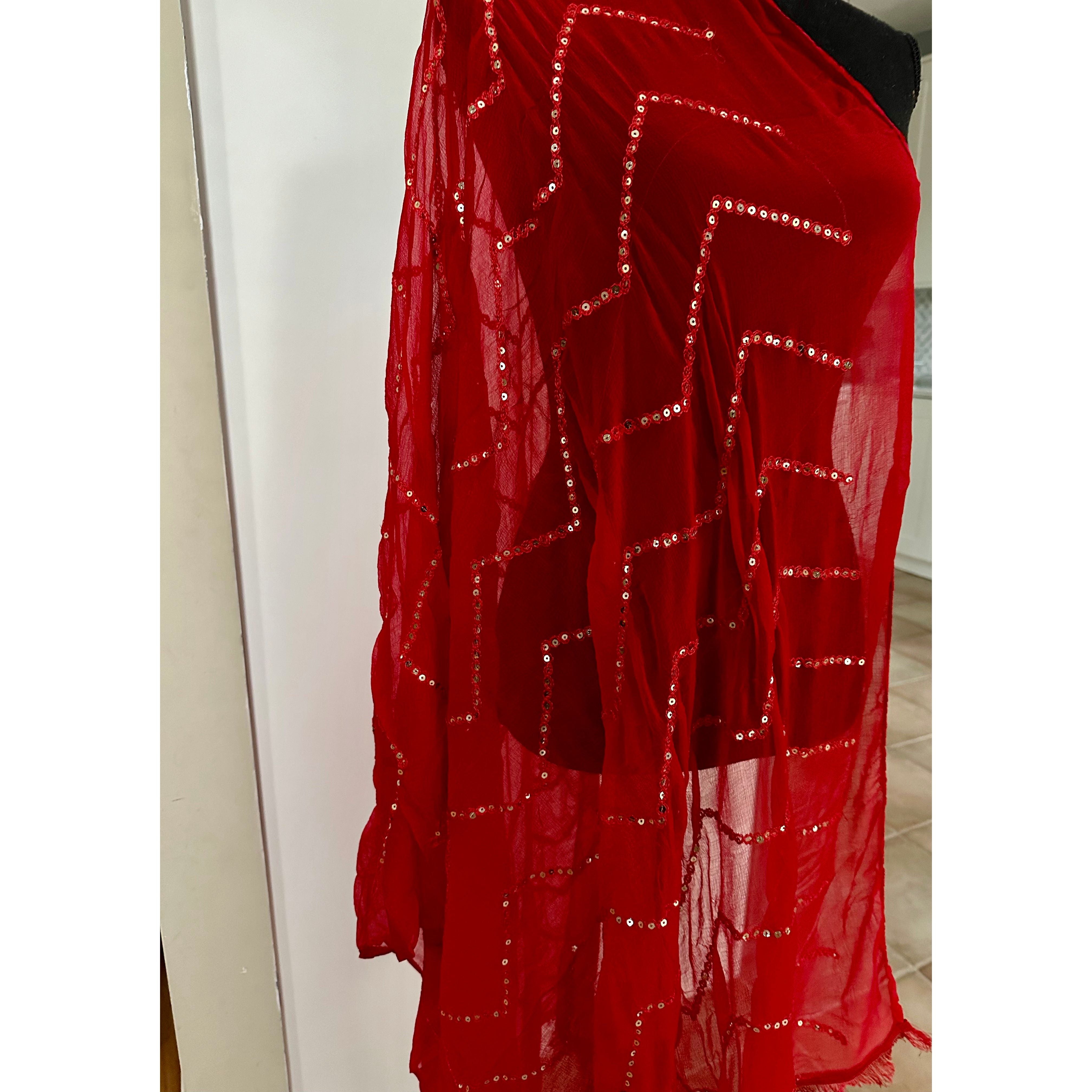 Elegant Red Dupatta with Gold Sequins - Traditional Indian Scarf for Women - Perfect for Weddings, Parties & Festive Occasions