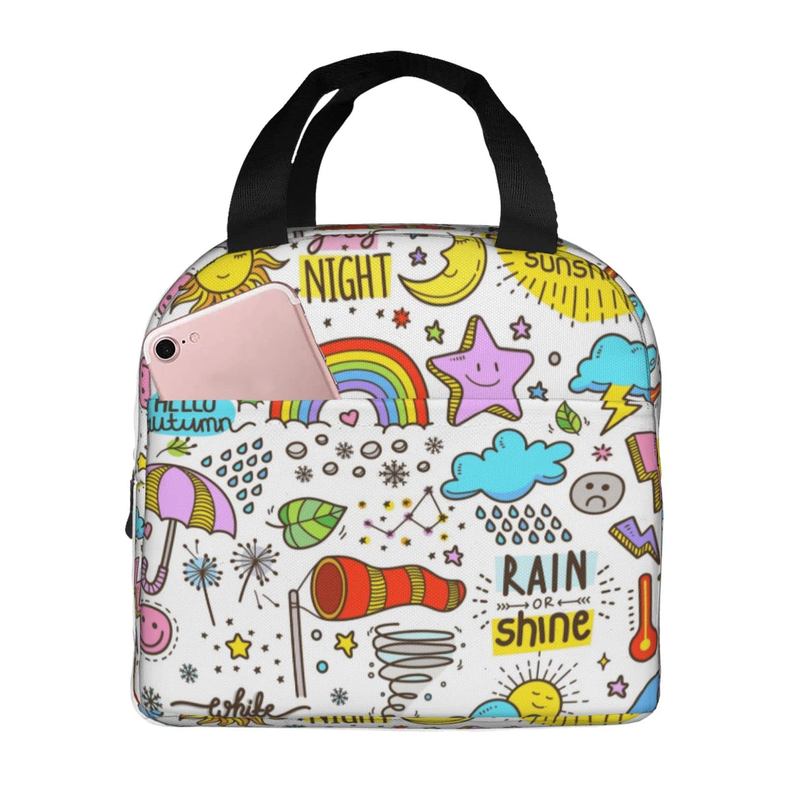 Insulated Cartoon Lunch Bag - Cute Weather Design Tote for School, Work, Fishing & Picnic | Reusable Thermal Lunch Box for Kids & Adults
