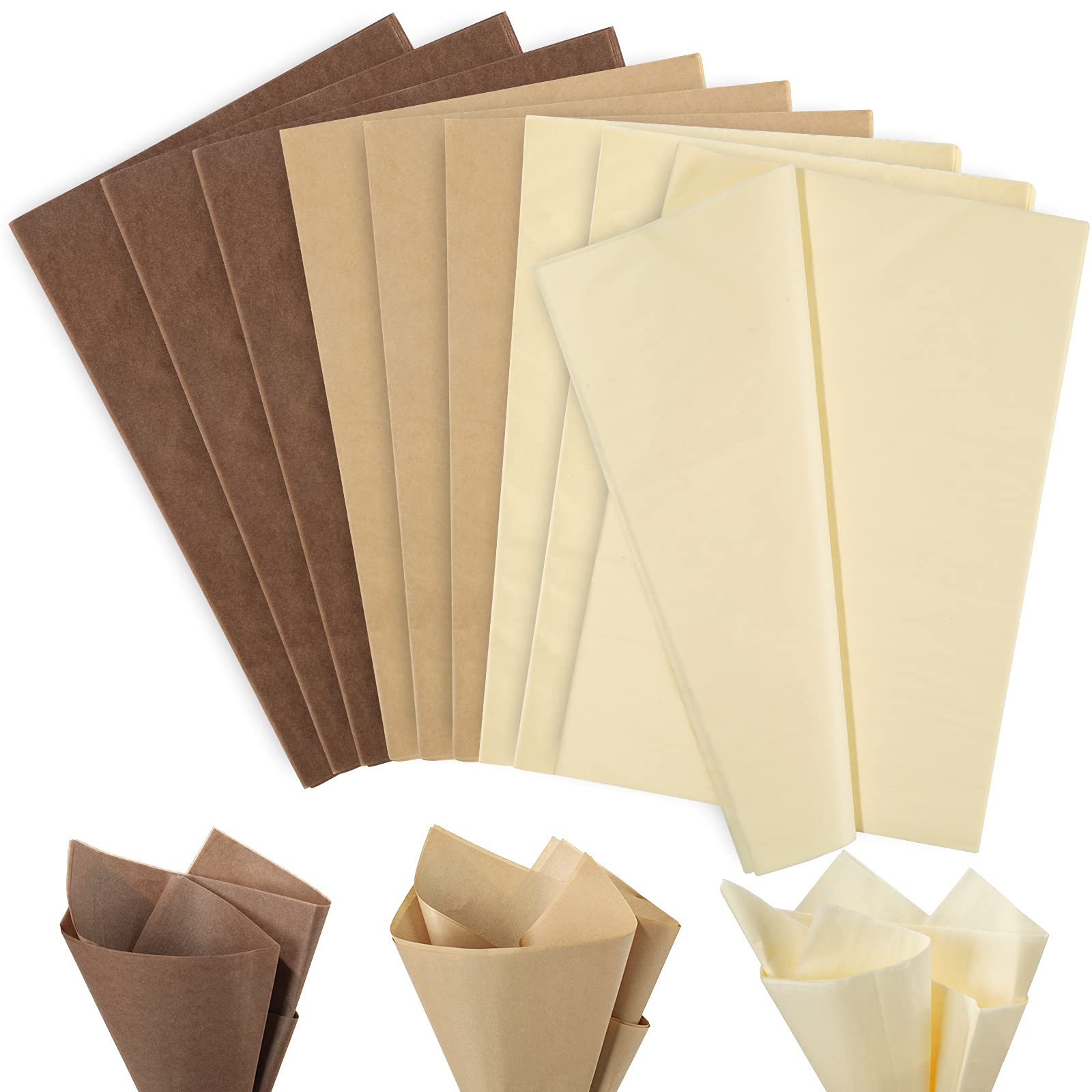 Premium 120-Sheet Brown Tissue Paper Pack - 15x20 Inch Fall Gift Wrapping Paper for Crafts, Pompoms & Decor | Autumn Harvest Decorative Paper for DIY, Gift Bags & Party Supplies | 3 Natural Color Options