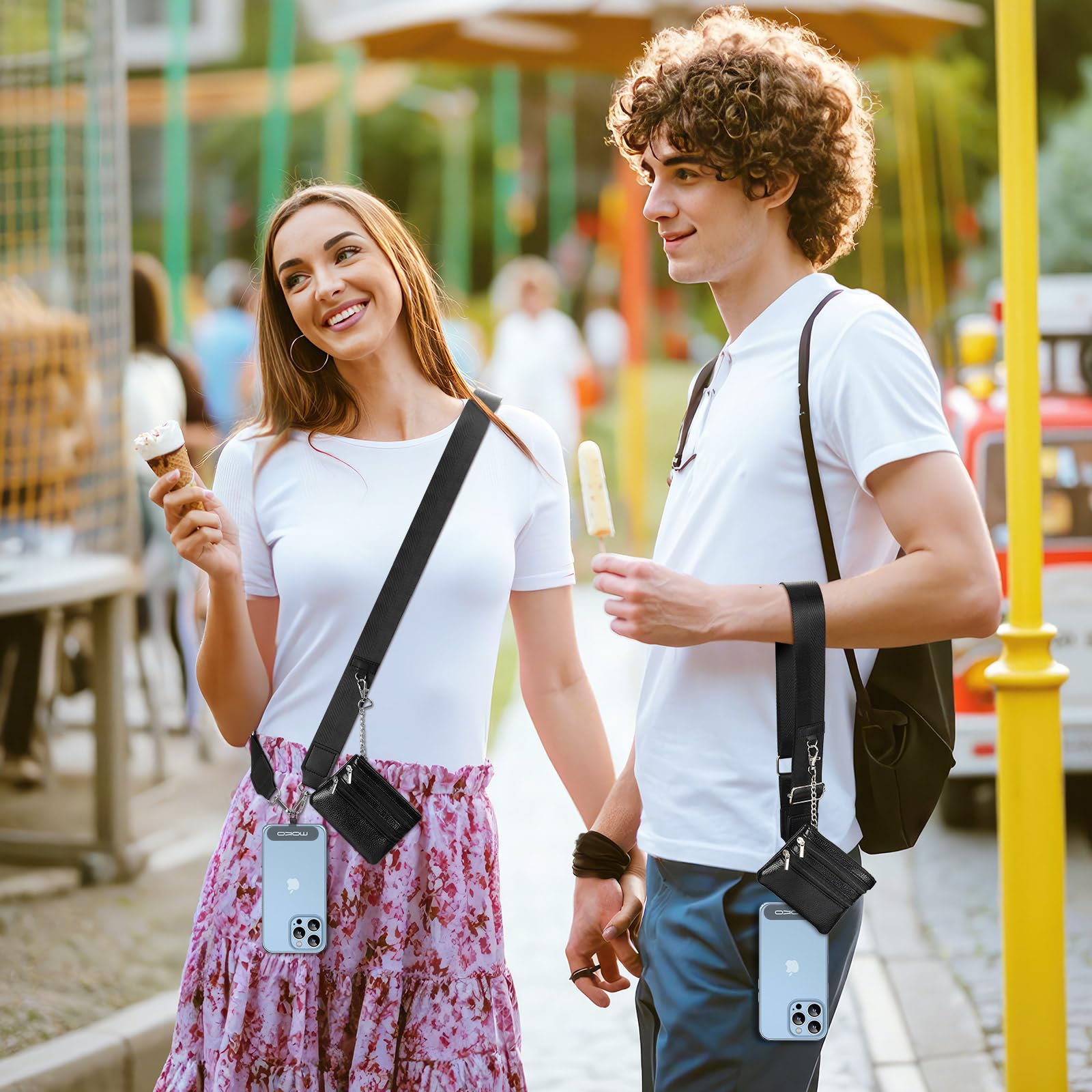 MoKo Adjustable Phone Lanyard with Wallet Pouch - for iPhone & Samsung (Black) - Perfect for Travel & Events