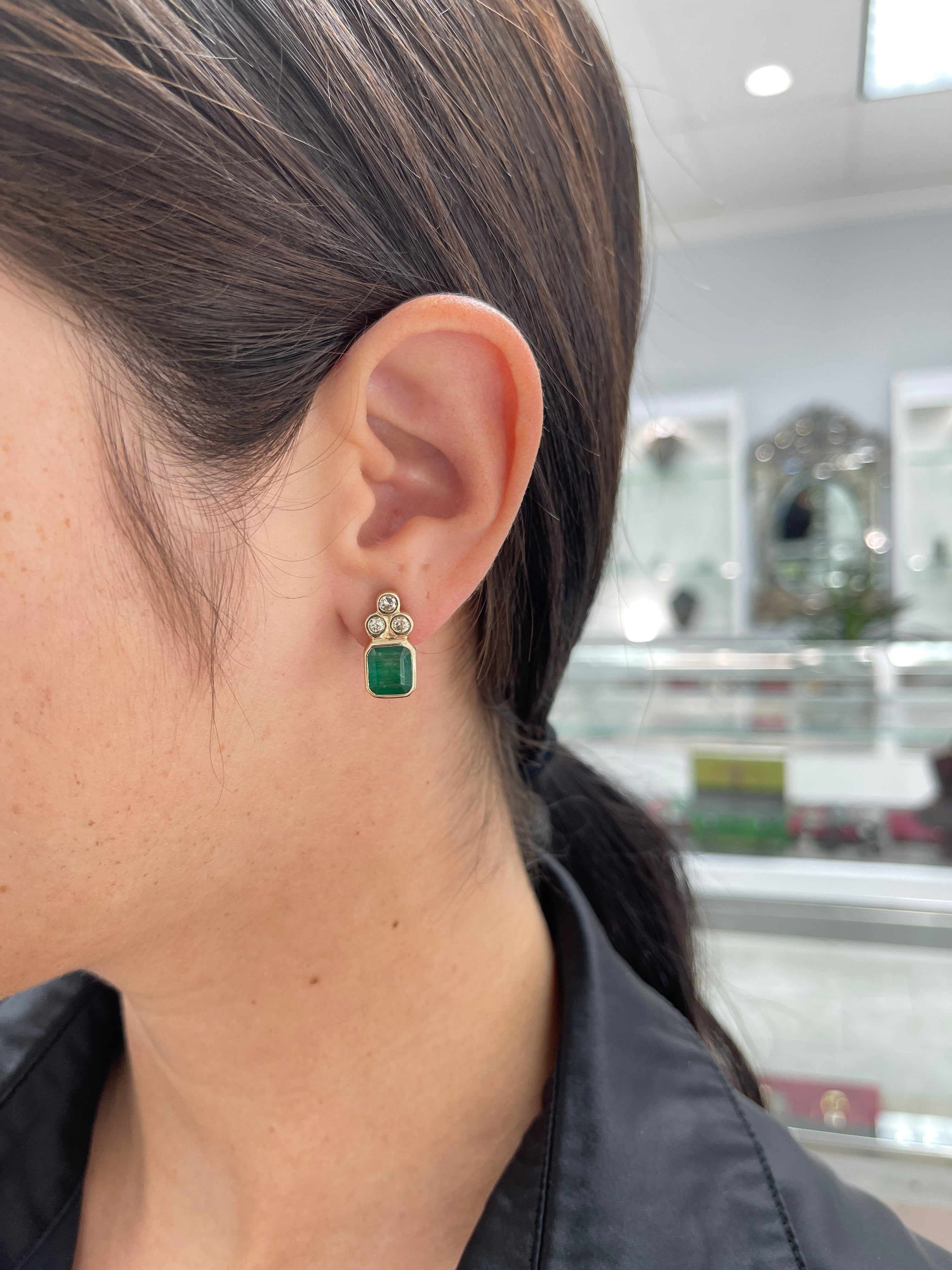 7.01tcw Natural Dark Forest Green Emerald Cut Emerald & Diamond Accent Bezel Earrings in 14K Gold - Elegant Jewelry for Weddings, Parties & Special Occasions