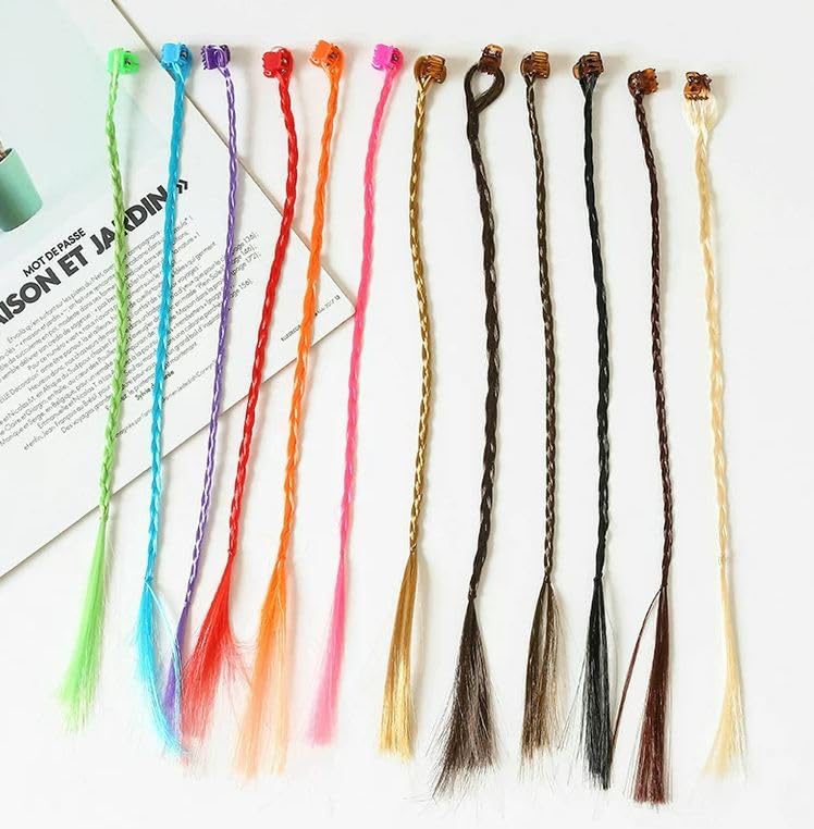 Kids Clip-in Hair Extensions - 12 PCS Rainbow Colored Hair Extensions for Girls & Women | Hair Braiding Styling Accessories | Perfect for Parties, Halloween & Cosplay