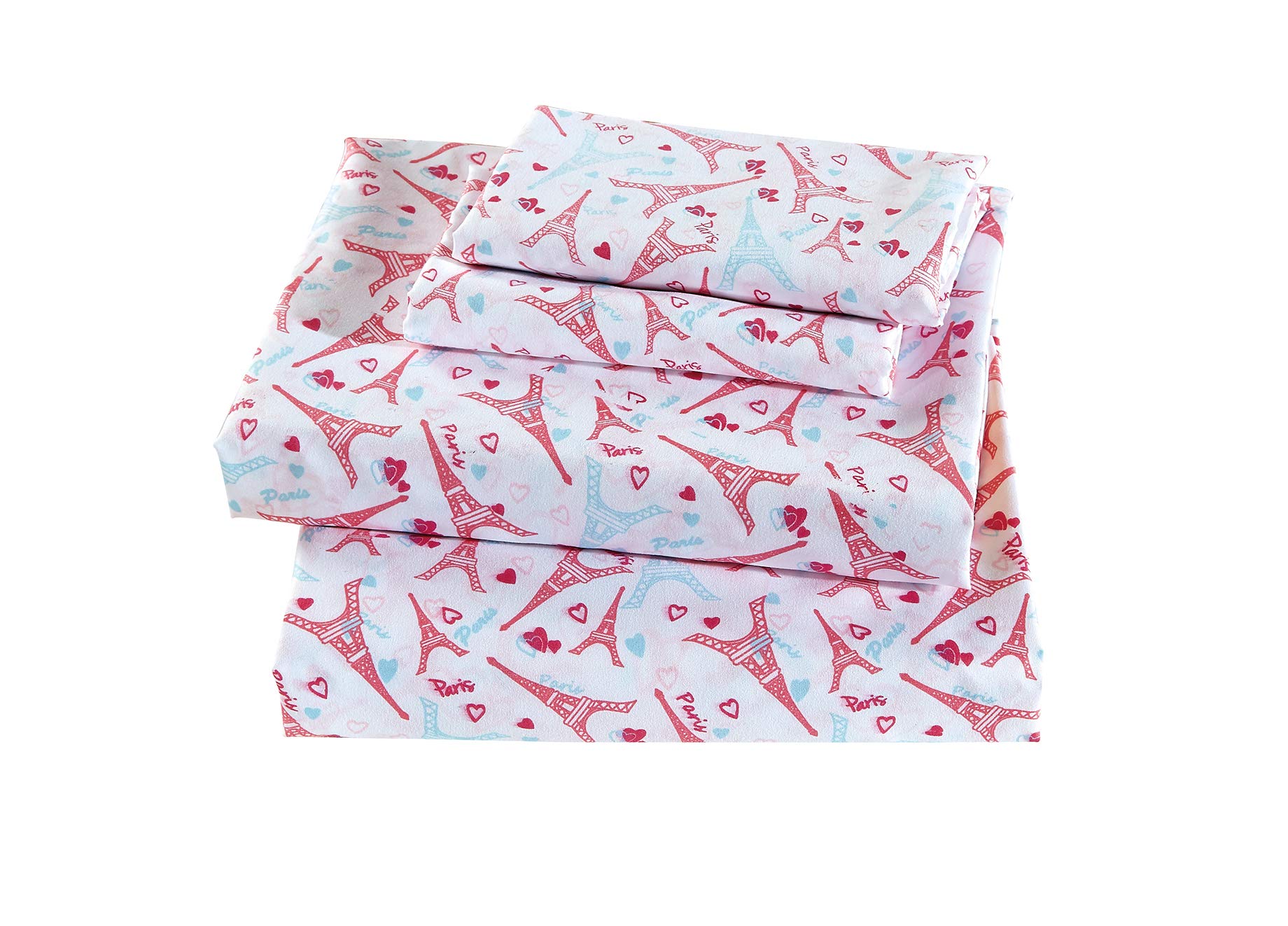 Paris Themed Linen Plus Sheet Set for Girls & Teens - Eiffel Tower Design in Hot Pink, Light Blue & White - Full Size Flat Sheet, Fitted Sheet & Pillowcases - Perfect for Teen Bedrooms, Dorm Rooms & Paris-Inspired Decor