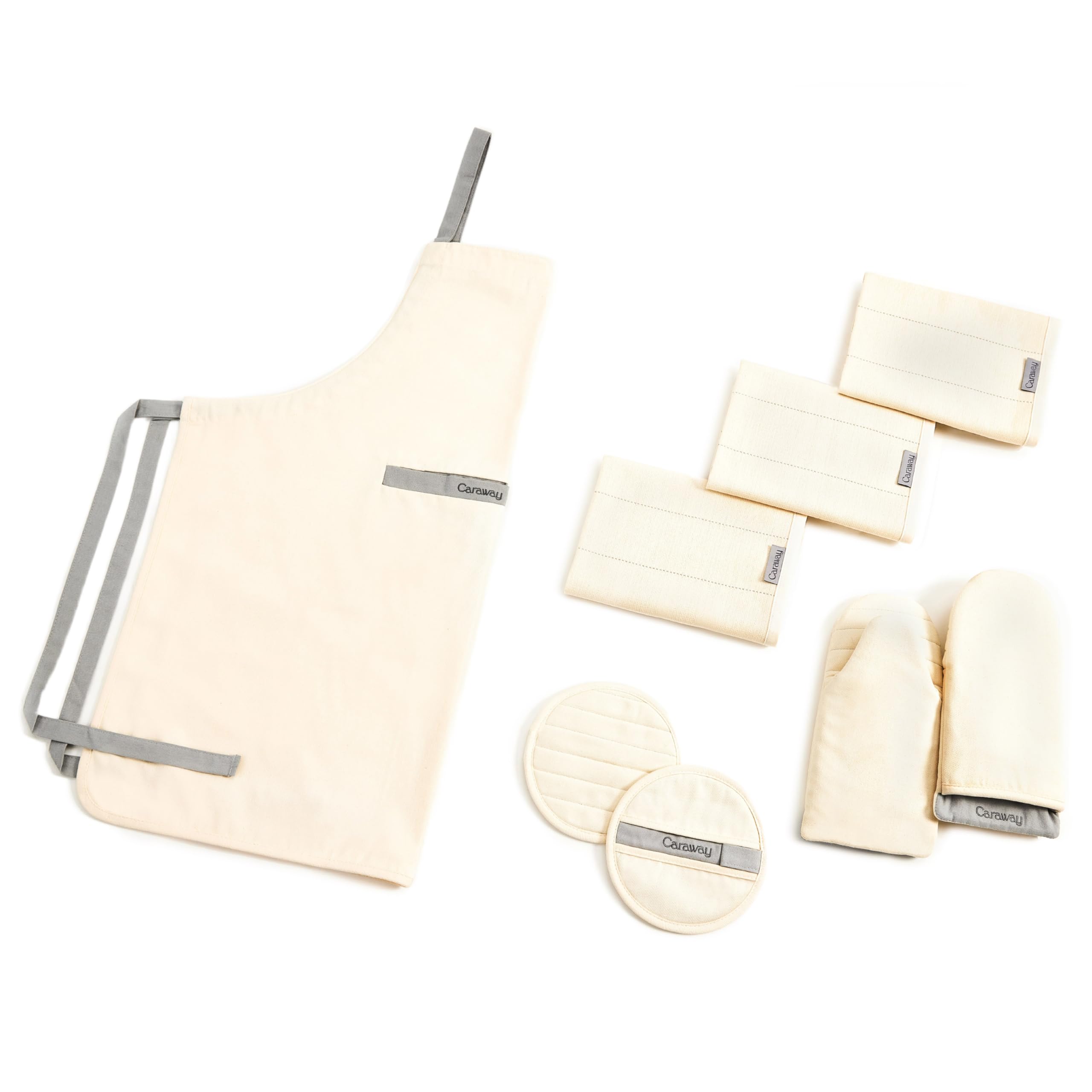 Organic Cotton Caraway Linen Set - Apron, Pot Holders, Oven Mitts & Tea Towels - 100% Natural Fabric - Durable & Machine Washable - Perfect for Cooking, Baking & Kitchen Decor