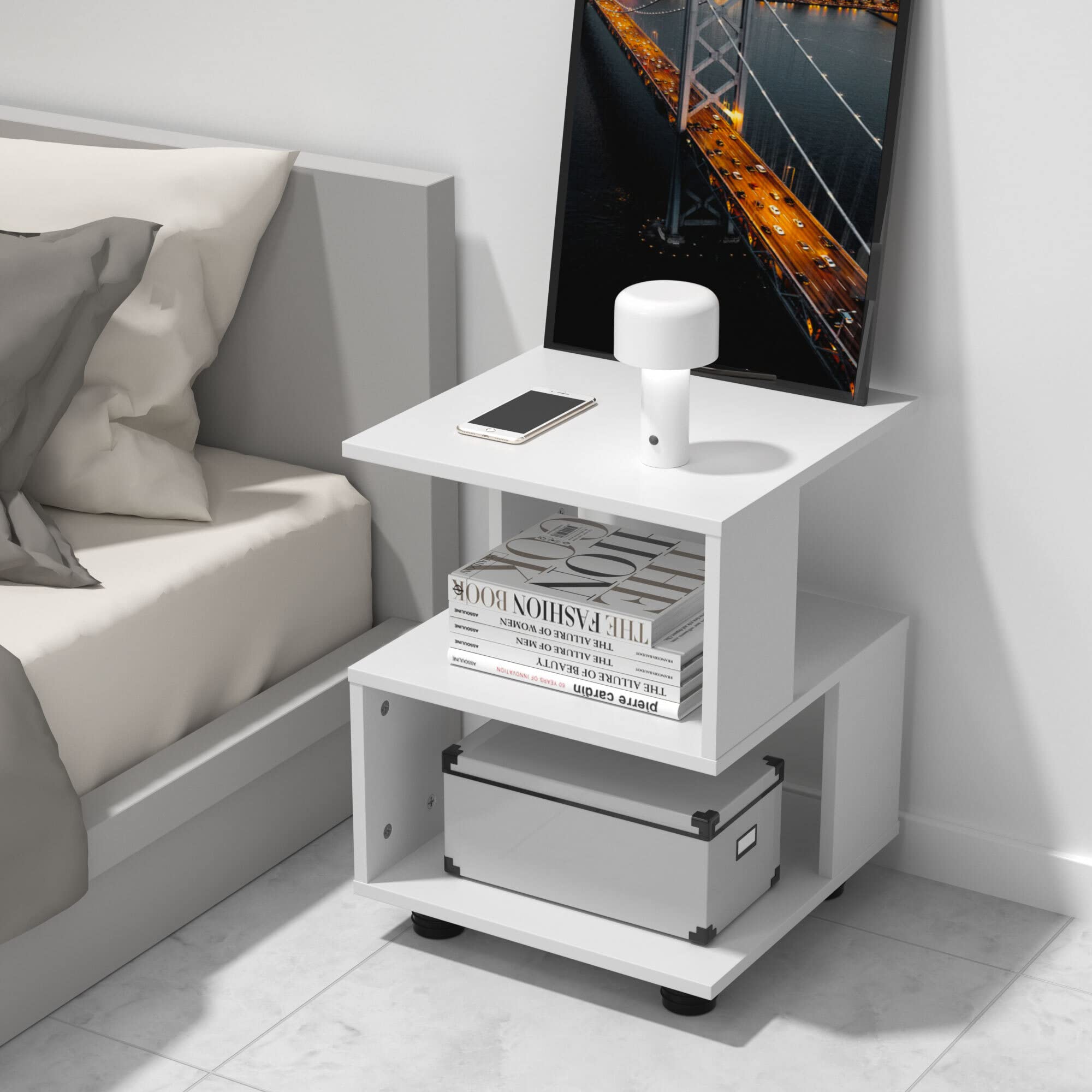 Modern White Nightstand with 2-Tier Rectangular Hollow Design - MASAKA B&W Magic Cube Bedside Table for Contemporary Bedrooms - Irregular Shape Fashionable Night Stand for Living Room, Bedroom, or Office