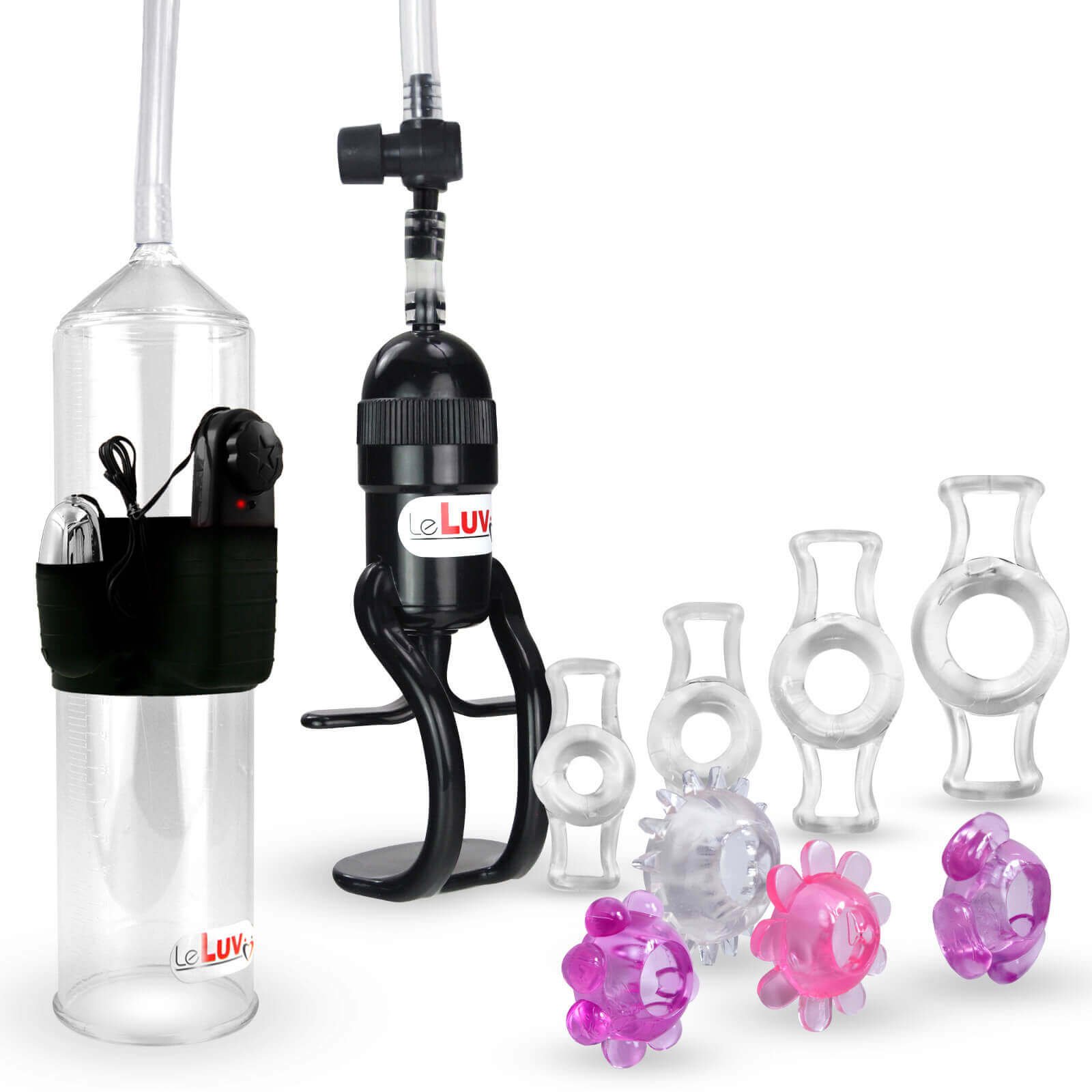 LeLuv Vacuum Pump Vibrating Male Enhancement Kit with 4 Constriction Rings & 4 Stretchy Jelly Cock Rings - Penis Enlargement Device for Men's Sexual Health & Performance Enhancement in Bedroom