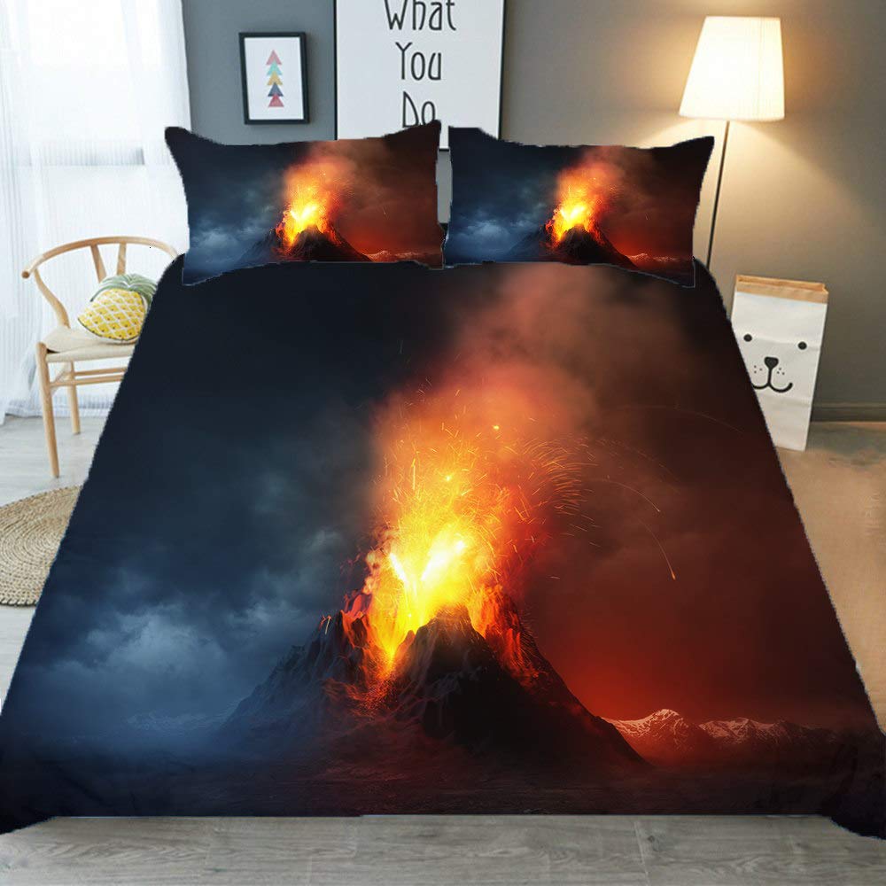 3D Active Volcano Under The Clouds Printed Queen Size Duvet Cover Set with Pillowcases - YZBEDSET Home Textile Bedding Set (228x228cm, US Queen) for Cozy Bedroom Decor & Adventure-Themed Room Design