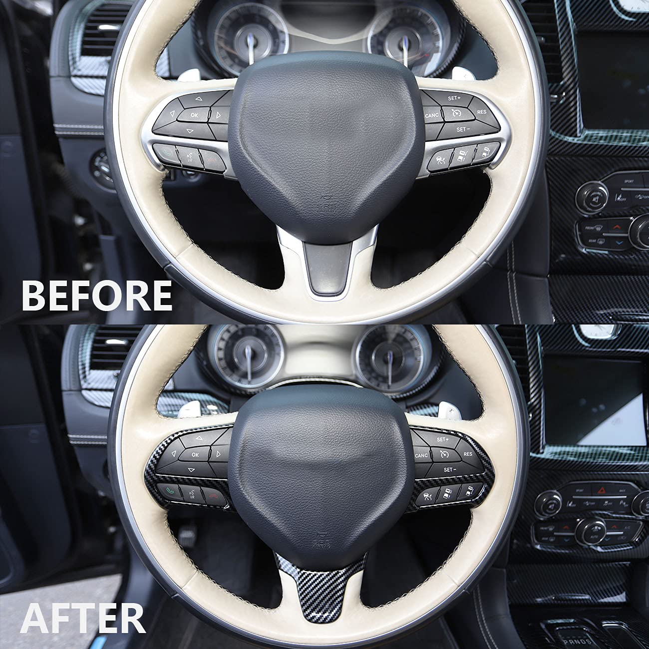 Premium Carbon Fiber Steering Wheel Cover Trim Bezel Kit for 2015-2021 Chrysler 300 - Upgrade Interior Style & Grip for Enhanced Driving Comfort