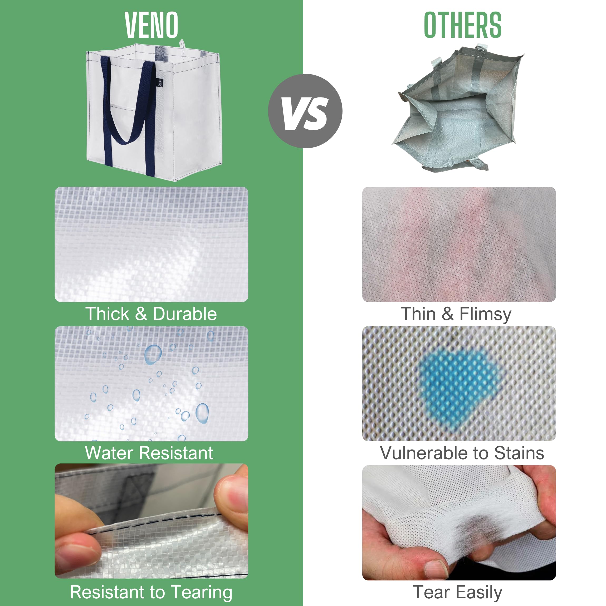 VENO 4 Pack Heavy-Duty Reusable Grocery Bags with Hard Bottom - Clear Shopping Bags for Supermarket, Farmers Market & Bulk Shopping - Fits Shopping Carts - Eco-Friendly & Durable (4 Pack)