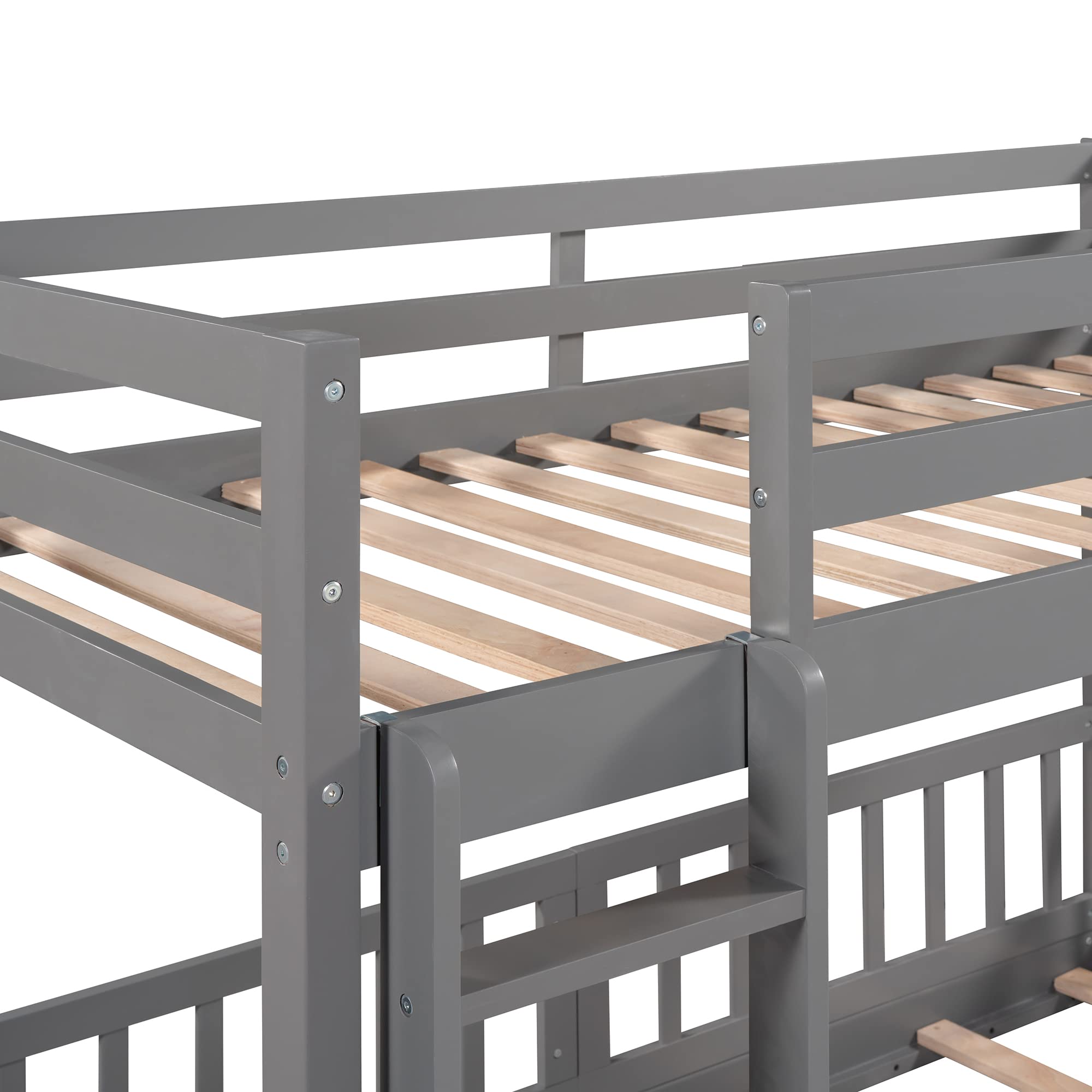 Twin Over Twin Bunk Bed with Slide - Wooden Low Bunk Bed Frame with Ladder & Safety Rail for Kids, Toddlers, Boys & Girls - Perfect for Small Bedrooms, Kids' Rooms & Shared Spaces - Gray
