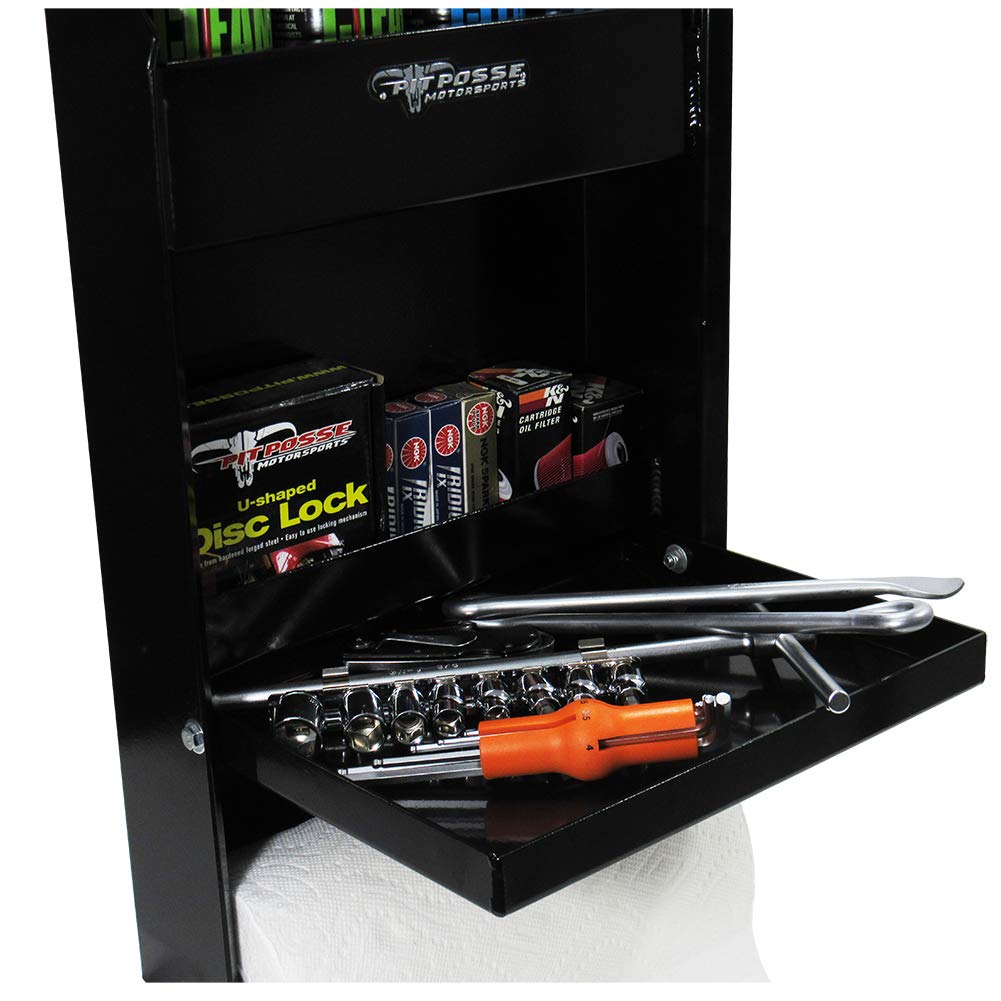 Pit Posse 458BK Jr Work Station Storage Cabinet Shelf Rack Holder Caddy - Heavy Duty Aluminum Garage Organizer for Mechanics, Race Trailers & Automotive Shops - Made in USA (Black) - Perfect for Tool Storage, Workshop Organization & Vehicle Maintenance