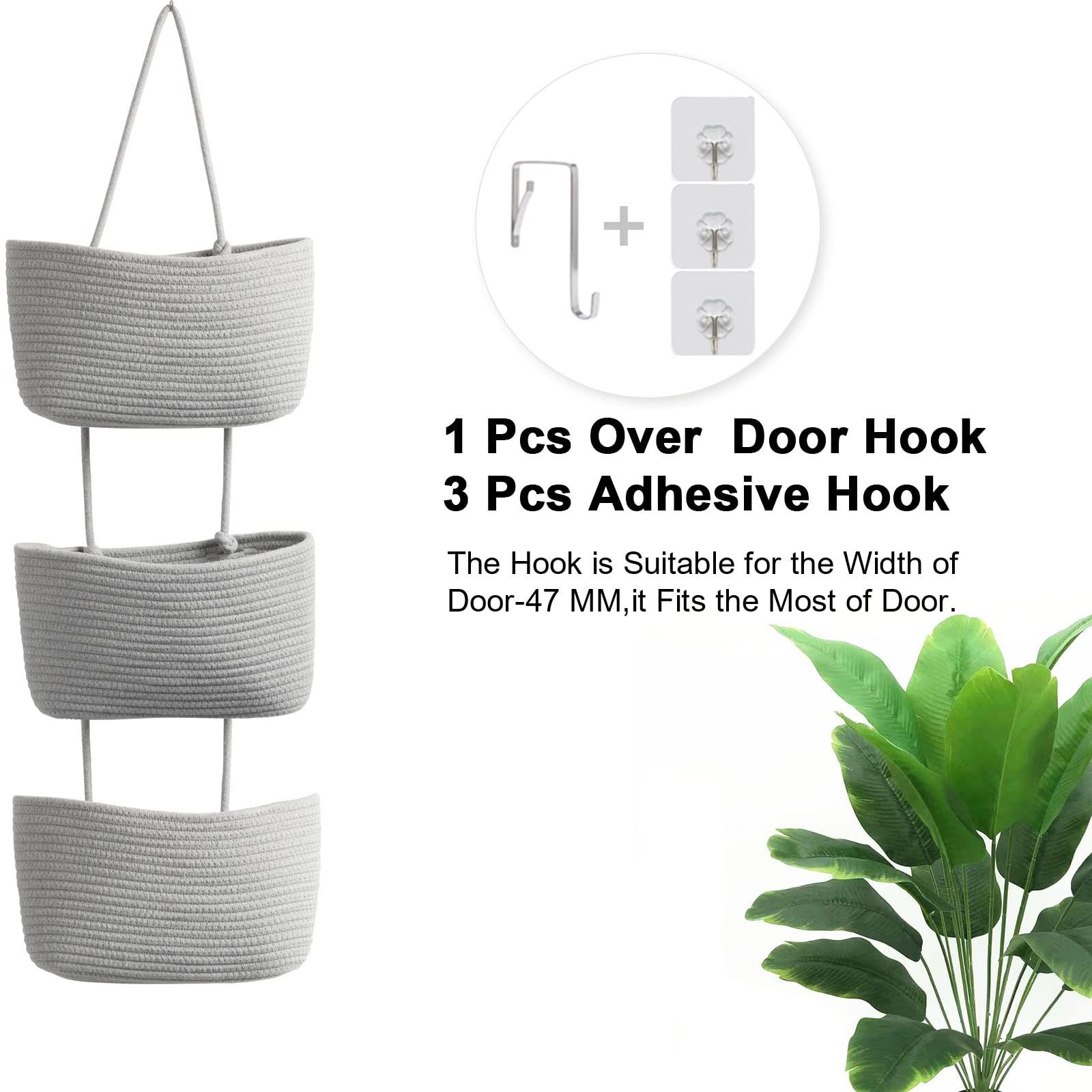 3-Tier Woven Cotton Over the Door Organizer - Gray Hanging Storage Baskets for Kitchen, Bathroom & Bedroom | Space-Saving Wall-Mounted Decorative Rope Baskets with Hooks | Perfect for Pantry Organization, Towel Storage & Small Item Clutter Control