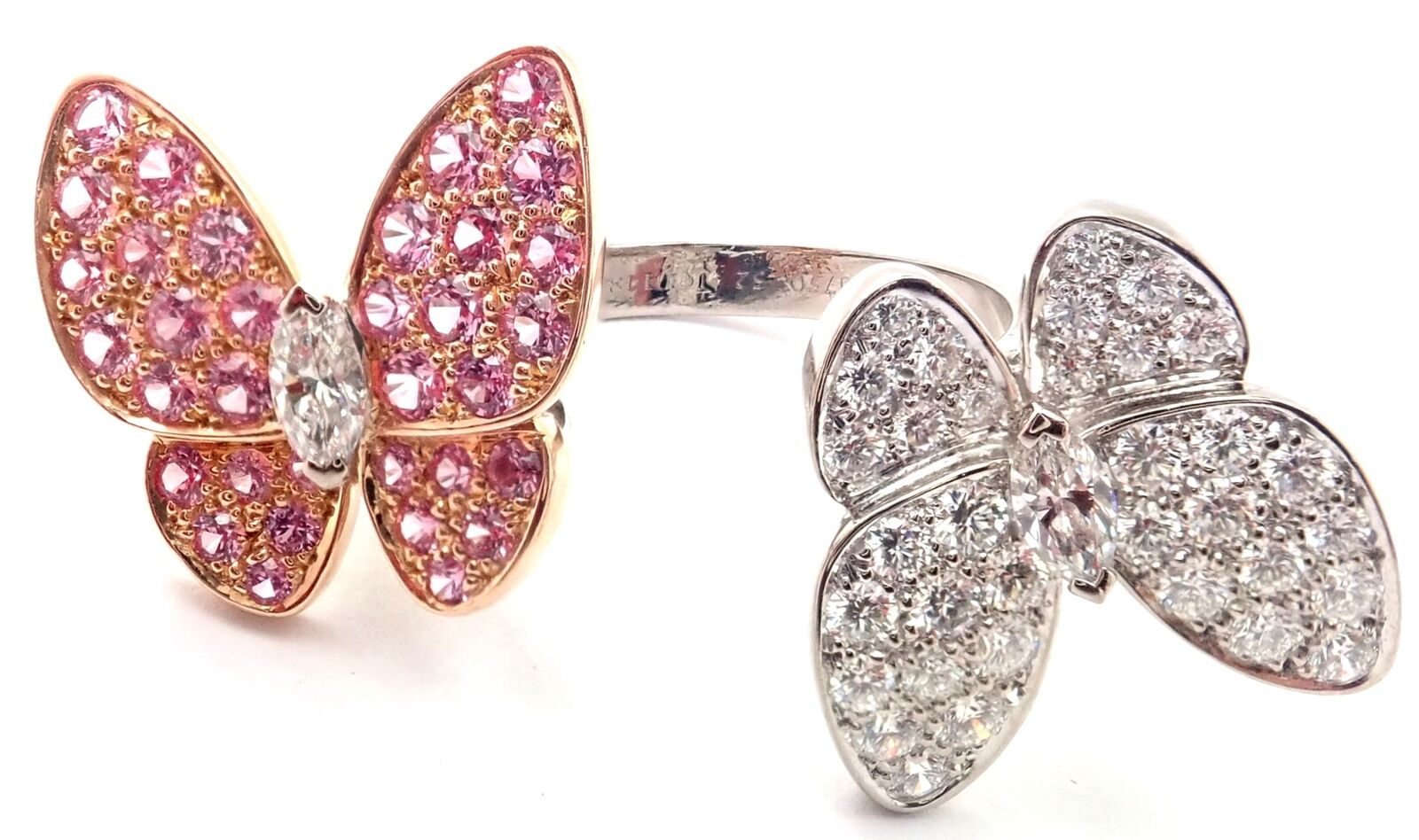 Van Cleef & Arpels 18k Gold Diamond Sapphire Two Butterfly Ring - Elegant Stackable Between Finger Ring for Women, Perfect for Weddings, Anniversaries & Special Occasions