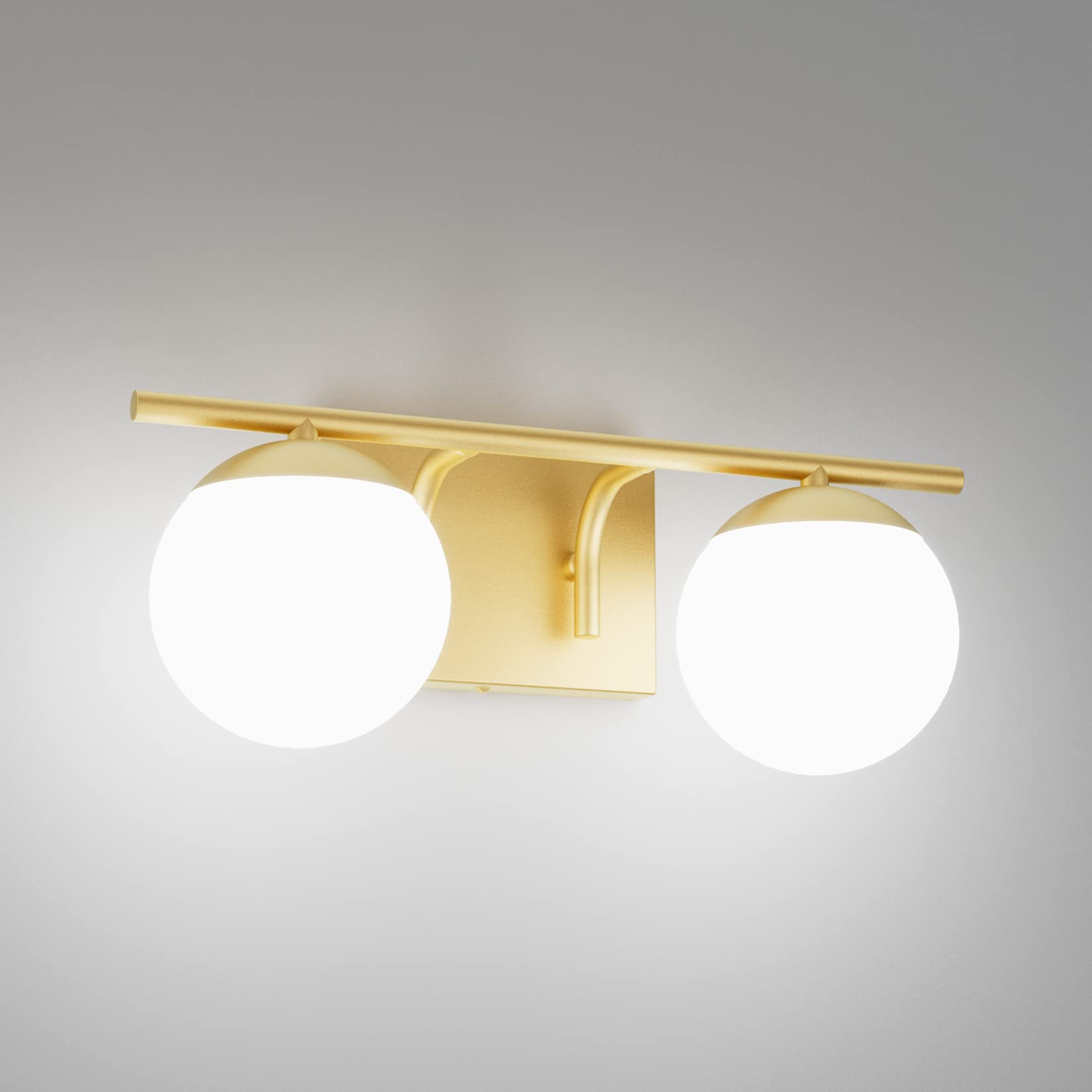 Ralbay Gold 2-Light Mid Century Modern Bathroom Vanity Light Fixture with Milky Glass Globes - Elegant Wall Sconce for Bathroom, Powder Room, and Dressing Area Lighting