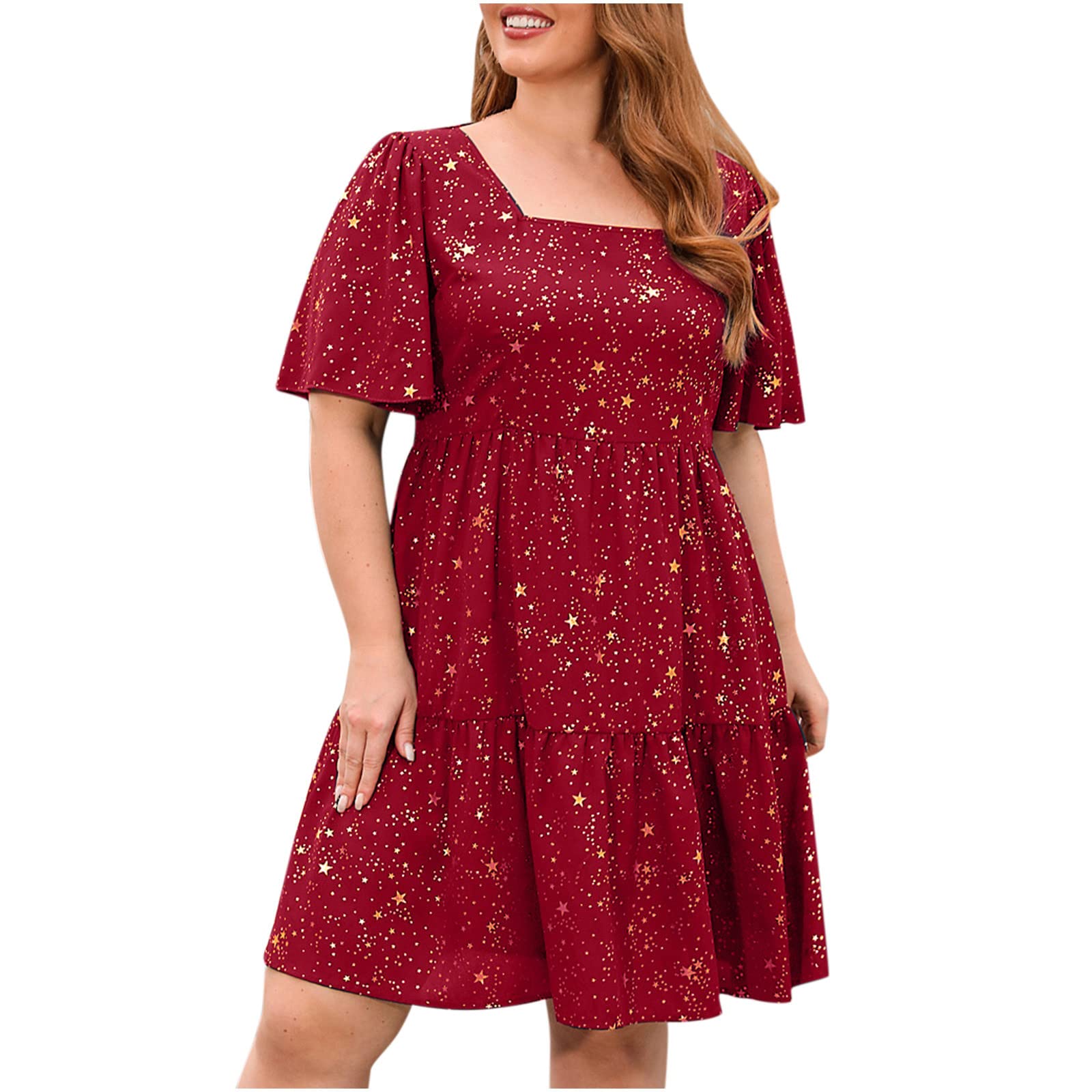 Women's Plus Size Linen Midi Dress - Star Print Square Neck Ruffle Short Sleeve Peplum Waist Pleated Casual Dress for Summer, Beach, Party & Office Wear