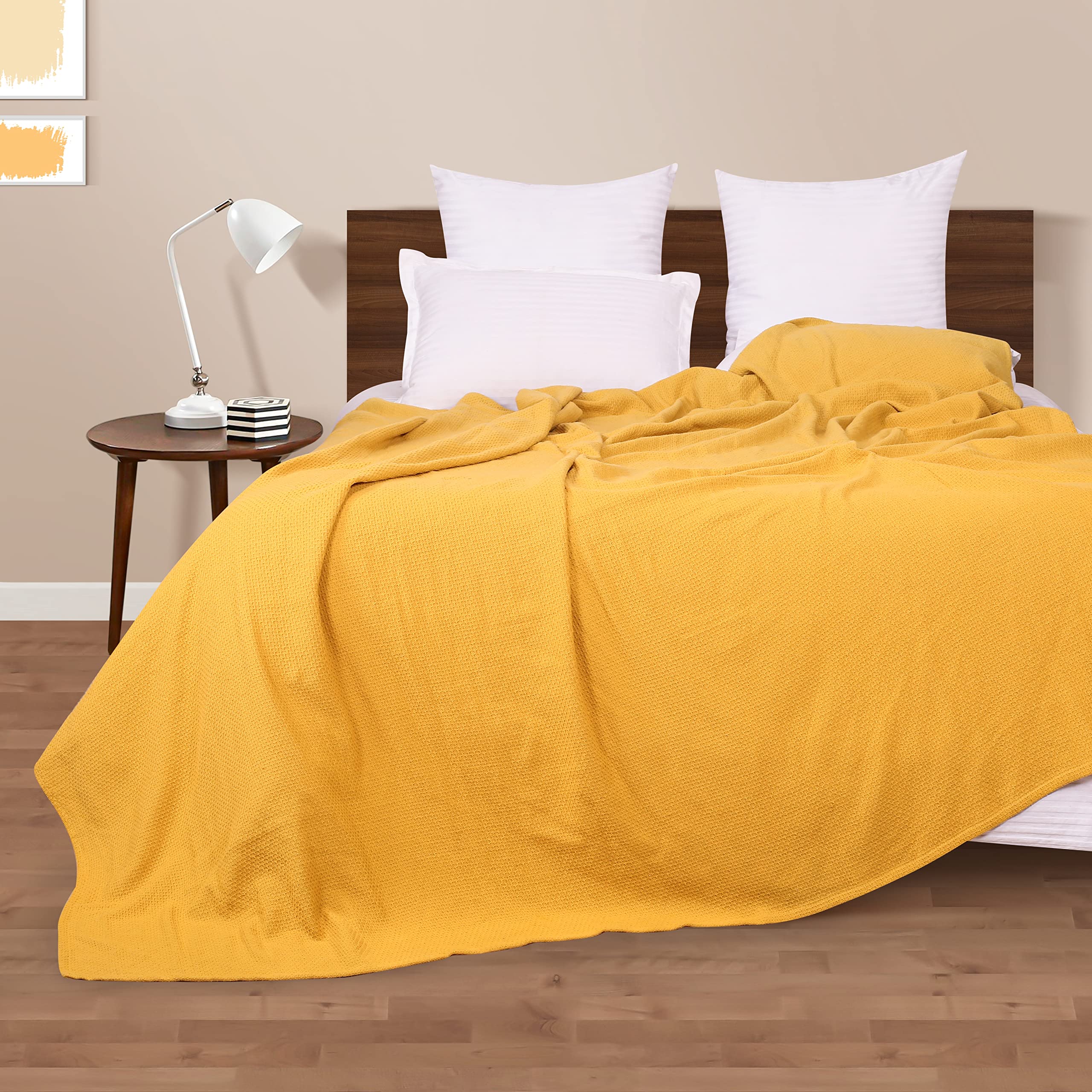 BOUTIQUO 100% Cotton Honeycomb Waffle Blanket - Breathable Thermal Bed Blanket for All Seasons, Full/Queen Size 90'x90', Soft & Cozy Mustard Yellow - Perfect for Layering on Beds, Sofas, or as a Cozy Throw for Chilly Evenings