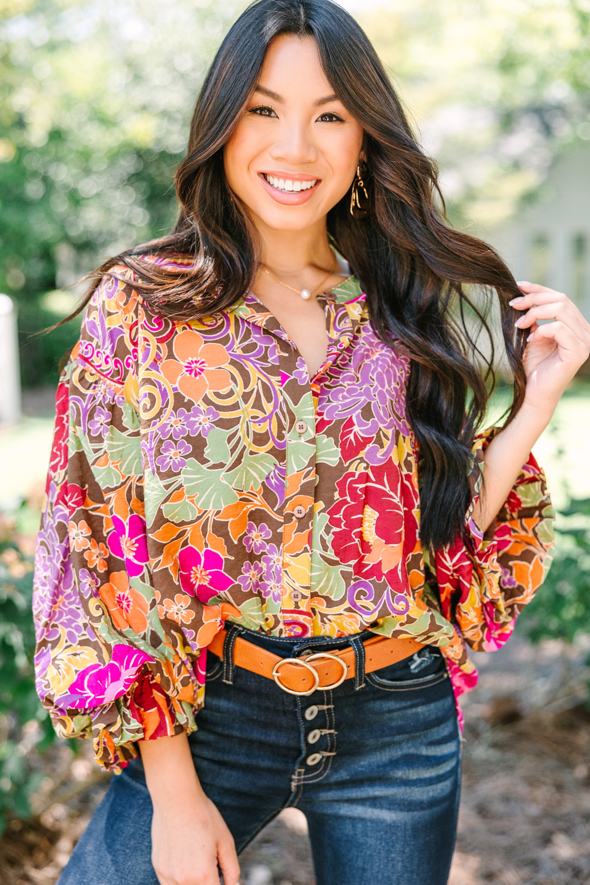 Brown Floral Blouse for Women - Elegant Vintage Style Long Sleeve Top - Perfect for Date Night, Office Wear & Spring Outfits