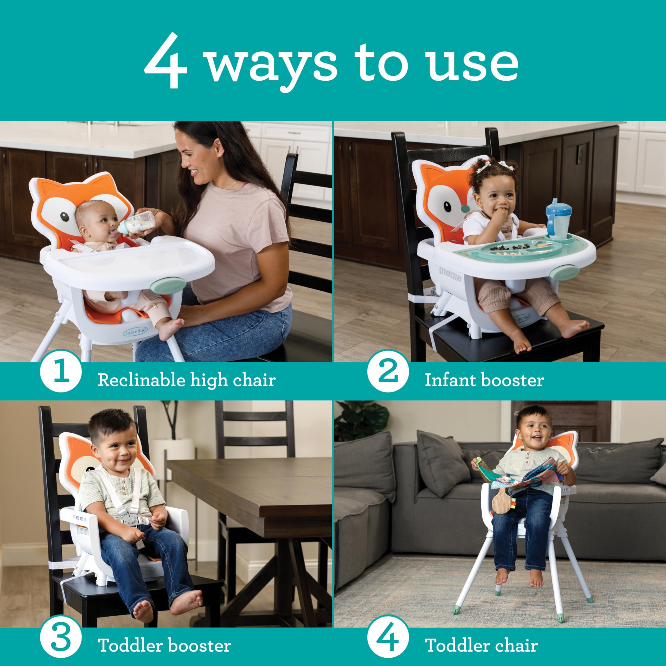 Infantino Grow-with-Me 4-in-1 Convertible High Chair for Babies & Toddlers (3-36 Months) - Fox Theme Space-Saving Design with Booster & Toddler Seat - Perfect for Dining, Feeding & Learning at Home or Restaurant