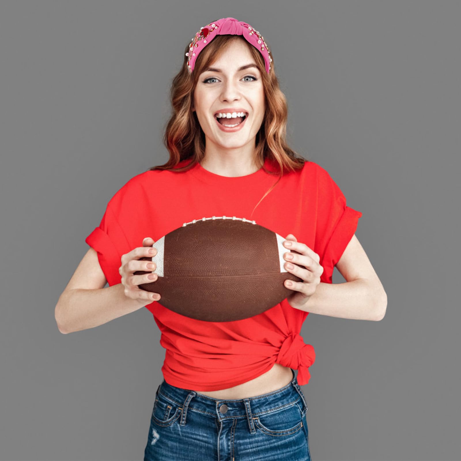 Women's Football Headband - Knotted Pearl Rhinestone Jeweled Hair Accessory for Football Mom Fans | Game Day Outfits & Sports Events (Hot Pink) | Perfect for Cheering, Tailgating & Team Spirit