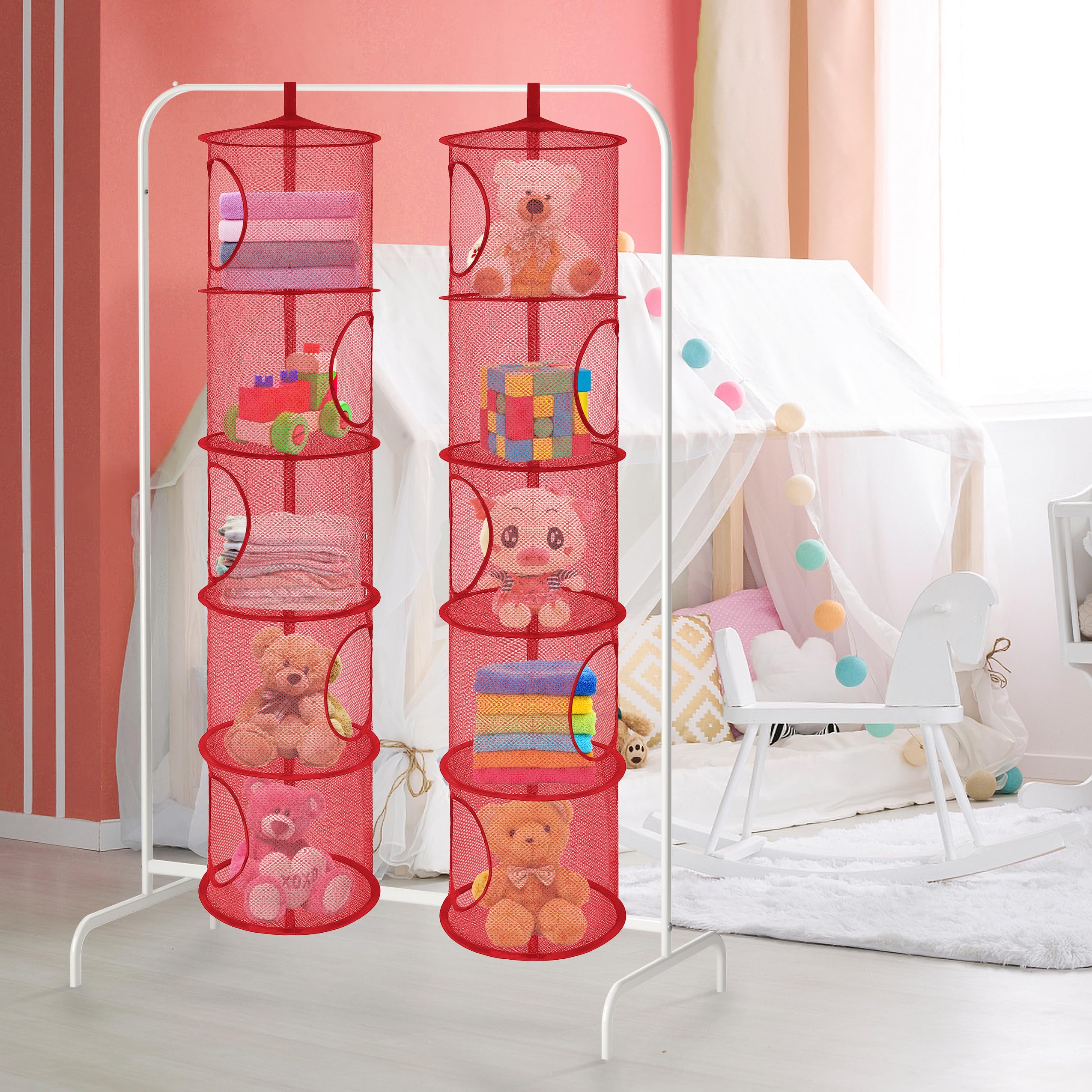 Libeder Foldable Mesh Hanging Storage Organizer - 5 Compartment Toy Net Basket for Kids Room & Bathroom (2 Pack, Red) | Space Saving Stuffed Animal & Clothes Storage Solution for Home Organization