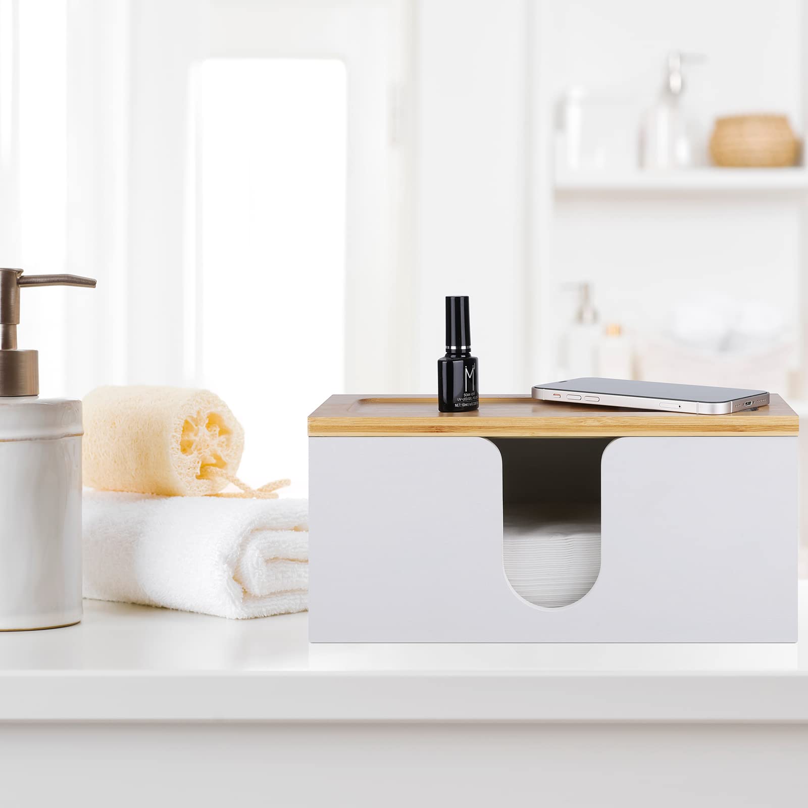 Premium Wooden Paper Towel Holder with Lid - Countertop & Wall Mounted Napkin Dispenser for Kitchen, Bathroom, Office - White (Space-Saving, Hygienic Storage Solution)