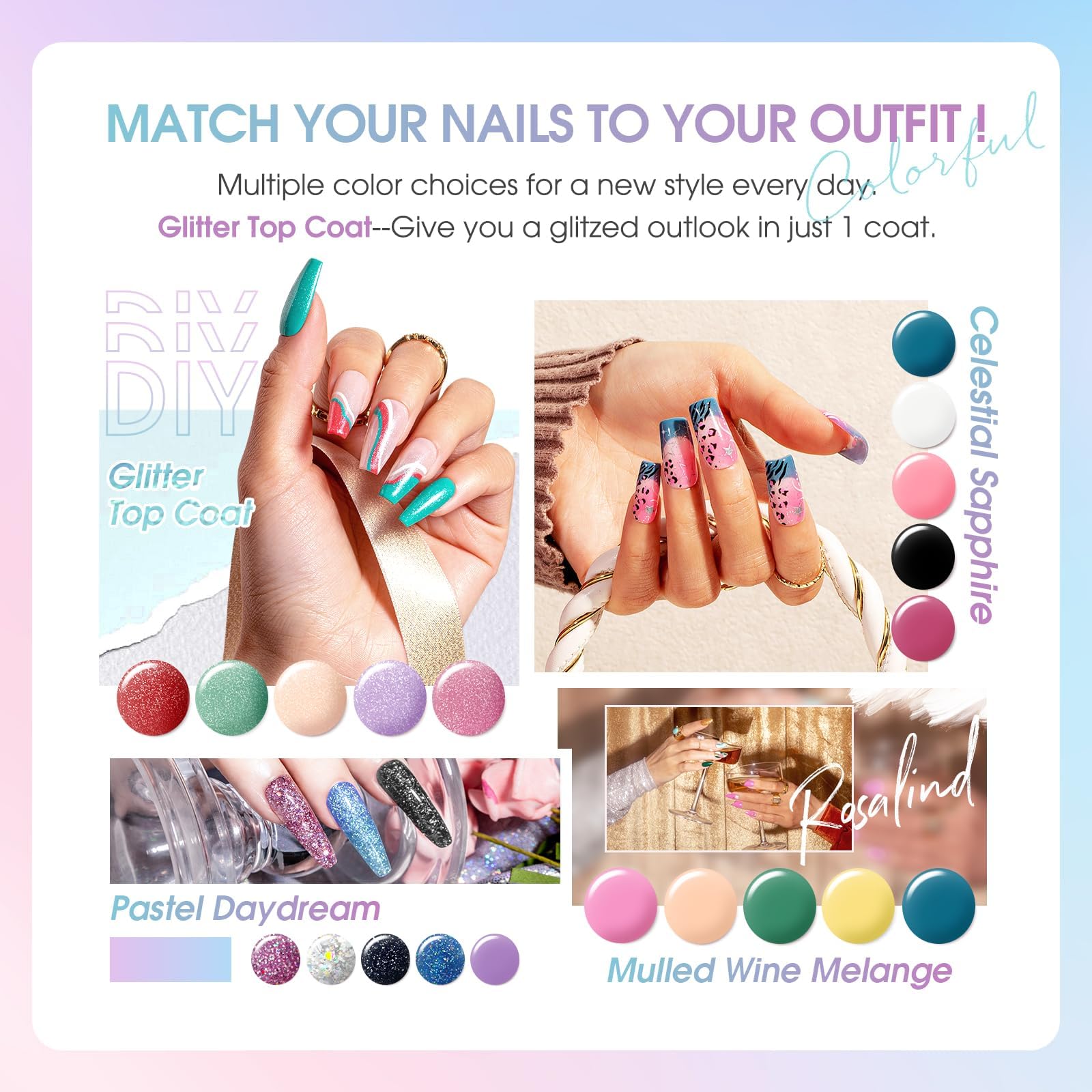 ROSALIND 24PCS Gel Nail Polish Set - 20 Colors Soak Off UV LED Nail Polish with Base Coat, Glitter, Glossy & Matte Top Coat - Fall Winter Holiday Nail Colors for Manicure & Nail Art DIY at Home or Salon