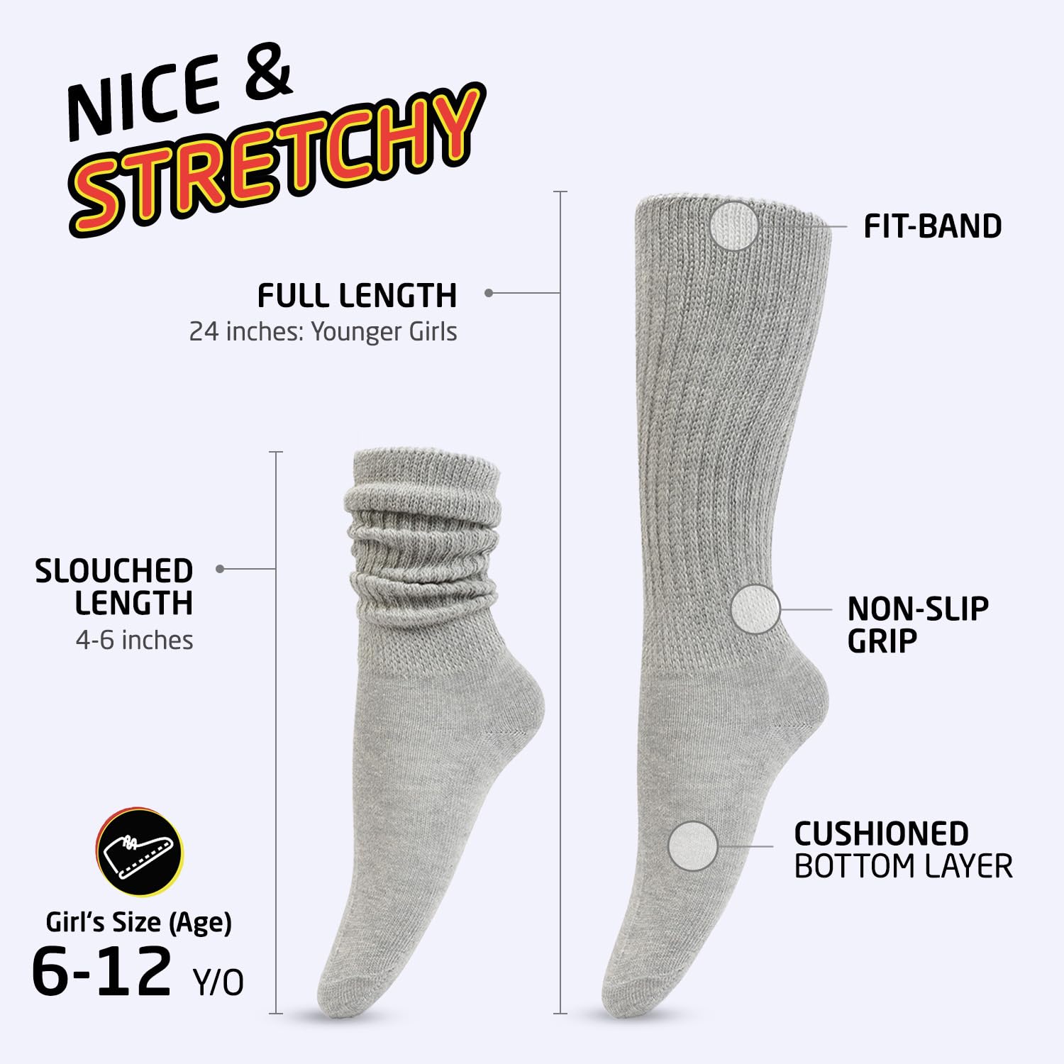 Girls Slouch Socks 6-Pack - Tall Stacked Slouchy Socks for Kids, Warm Cotton Blend Long Calf Socks | Perfect for School, Dance, and Winter Outfits