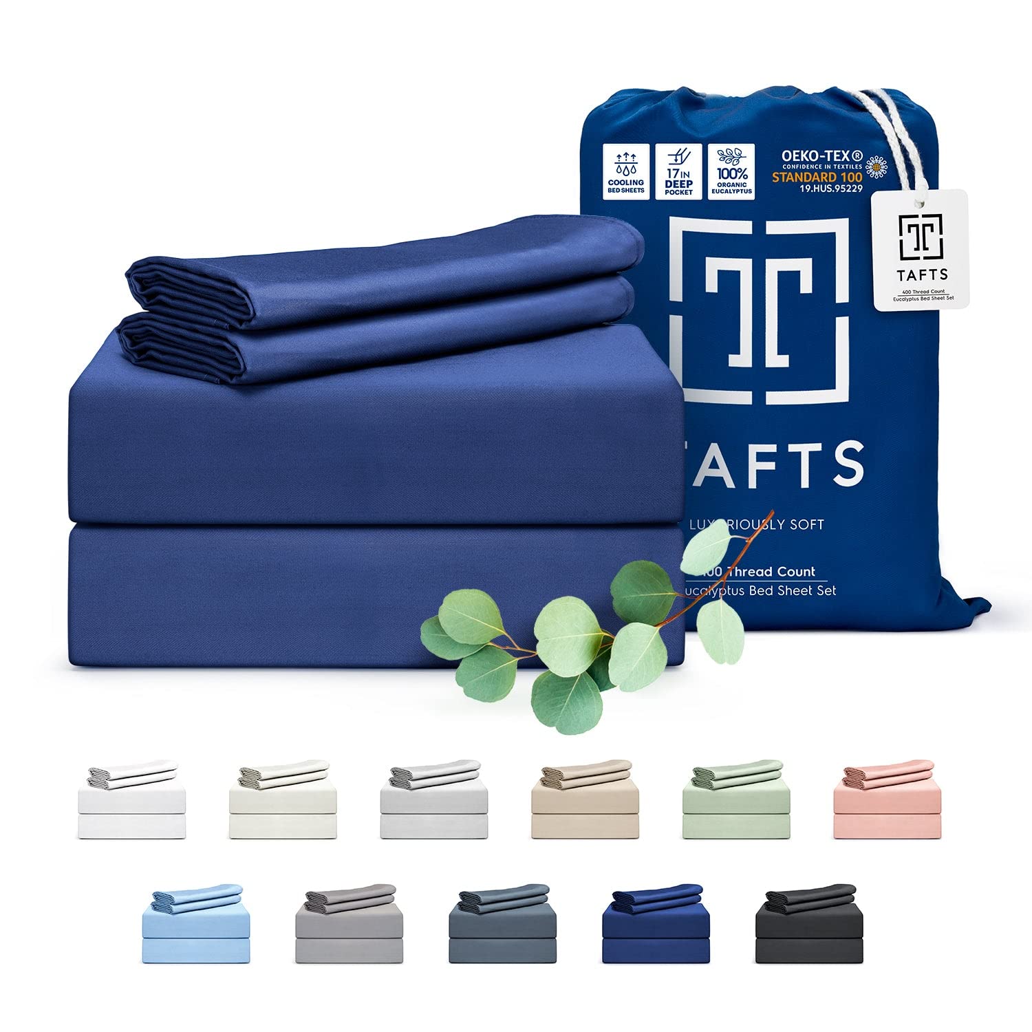 TAFTS 100% Organic Eucalyptus Sheets Queen Size - 400 Thread Count Cooling Bed Sheet Set, 4-Piece with 17