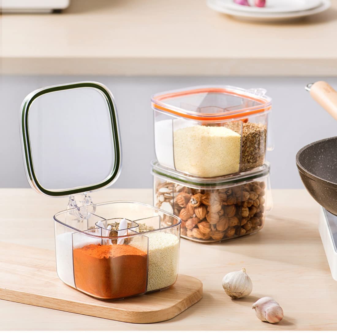 4-Compartment Clear Plastic Seasoning Box with Lid & Serving Spoons - Airtight Spice Storage Container for Salt, Pepper & Powder - Perfect for Kitchen, Camping & Outdoor Cooking