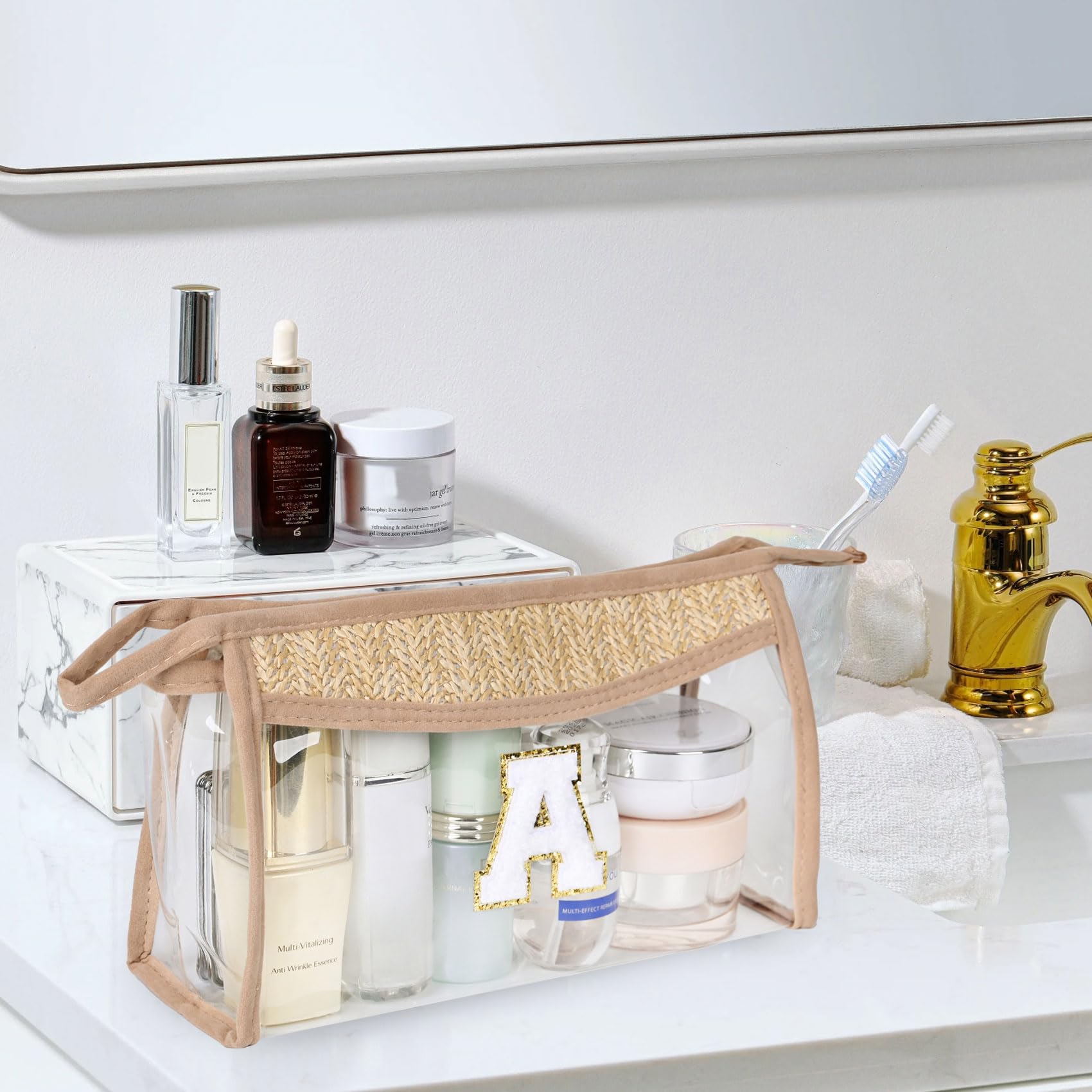 Personalized Clear Letter Cosmetic Bag - Waterproof PVC Makeup Pouch with Chenille Varsity Design for Women | Boho Beach Travel Toiletry Organizer | Perfect for Gym, Vacation & Daily Essentials Storage