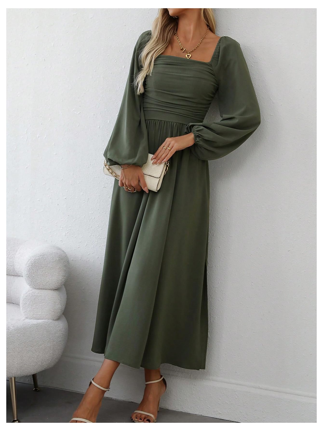 Floerns Women's Square Neck Lantern Long Sleeve Party Dress - Elegant Ruched Midi Dress with Side Split for Evening Events, Weddings & Special Occasions