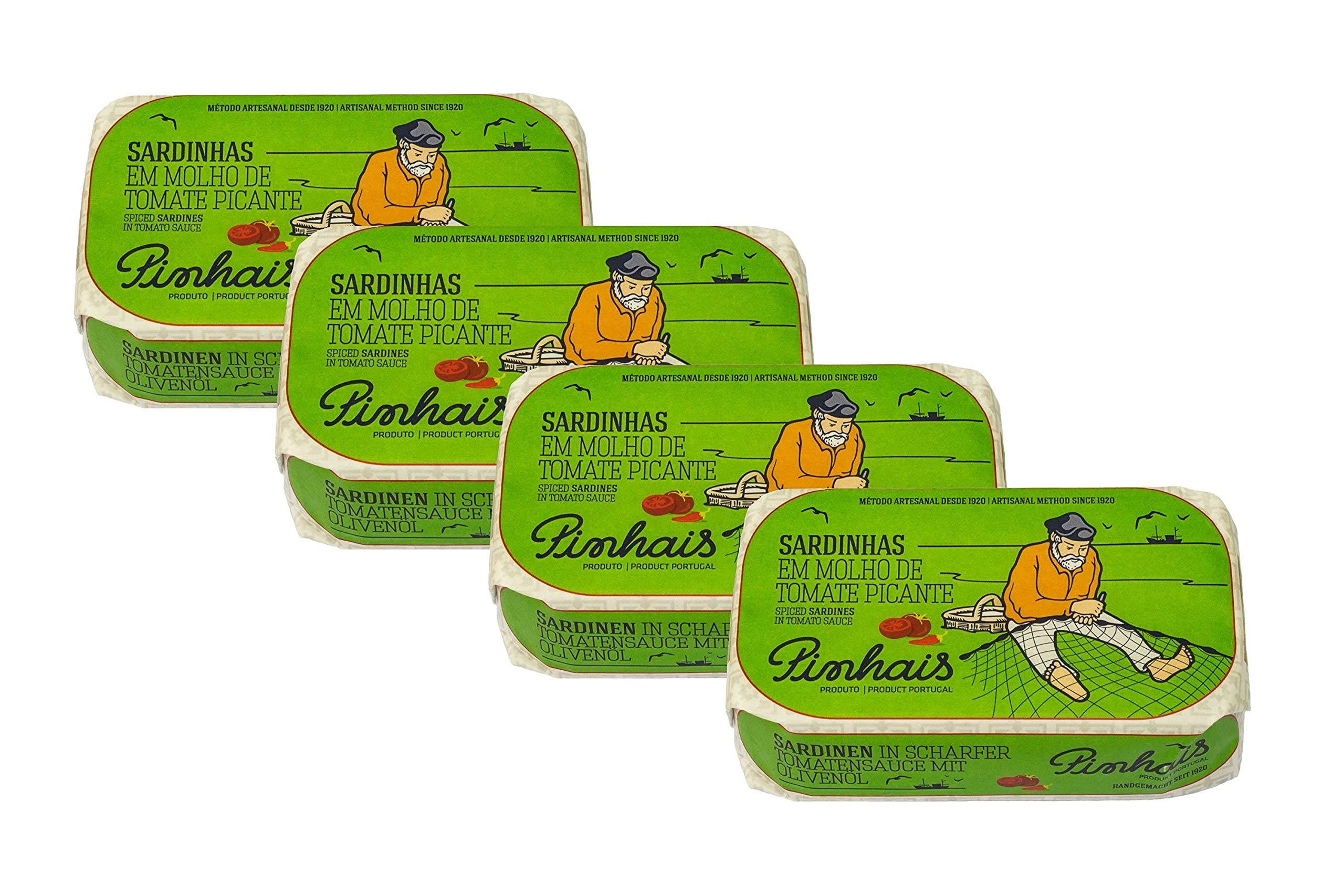 Premium Pinhais Spiced Sardines in Tomato Sauce - 4.4oz Canned Fish (Pack of 4) with 4 Intfeast Mints - High Protein Snack for Keto, Paleo & Mediterranean Diet - Perfect for Lunch Box, Camping & Quick Meals